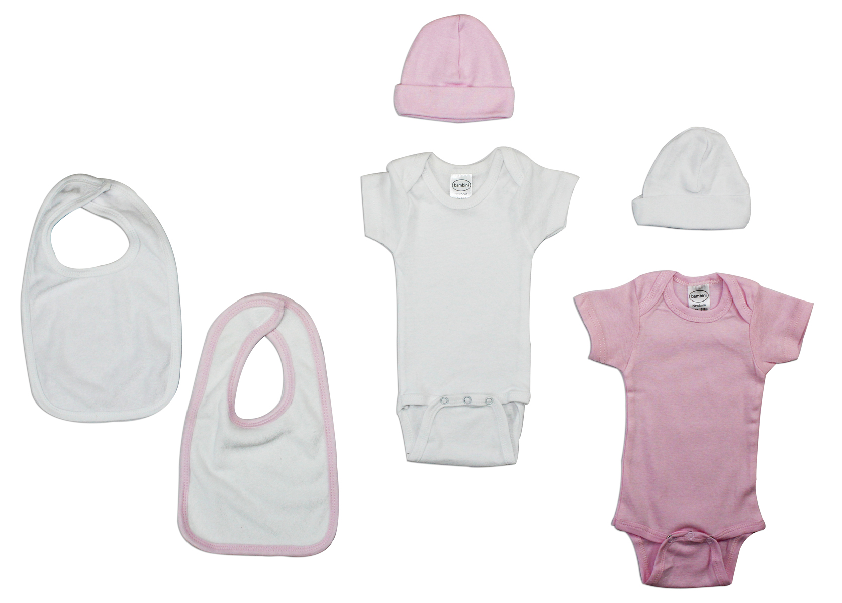 Bambini Girls' 6 Piece Layette Set featuring soft cotton onesies, baby caps, and terry bibs in pink and white.