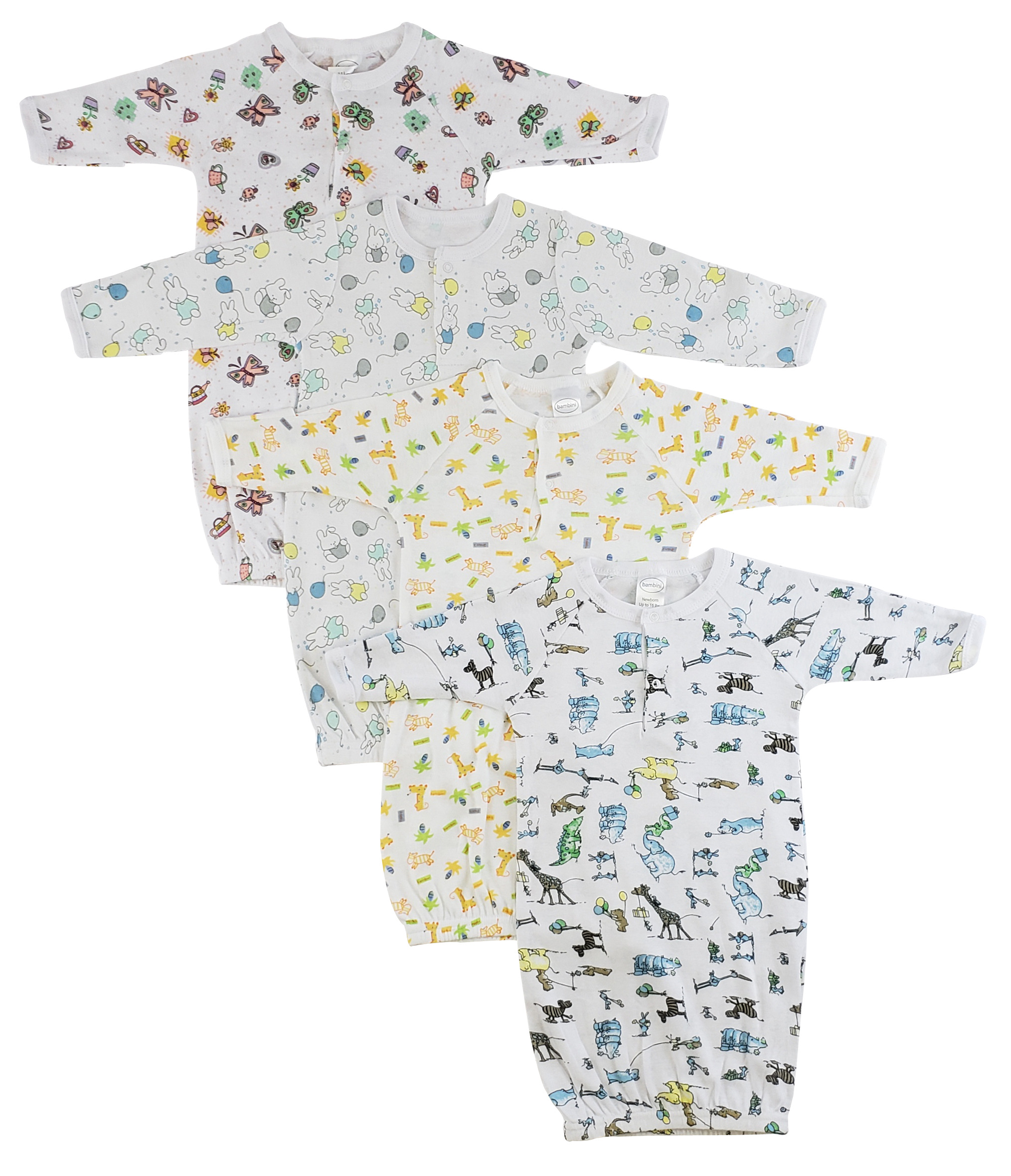 Bambini Girls Print Infant Gowns - 4 Pack featuring long sleeves and mitten cuffs, perfect for newborns in autumn and winter.