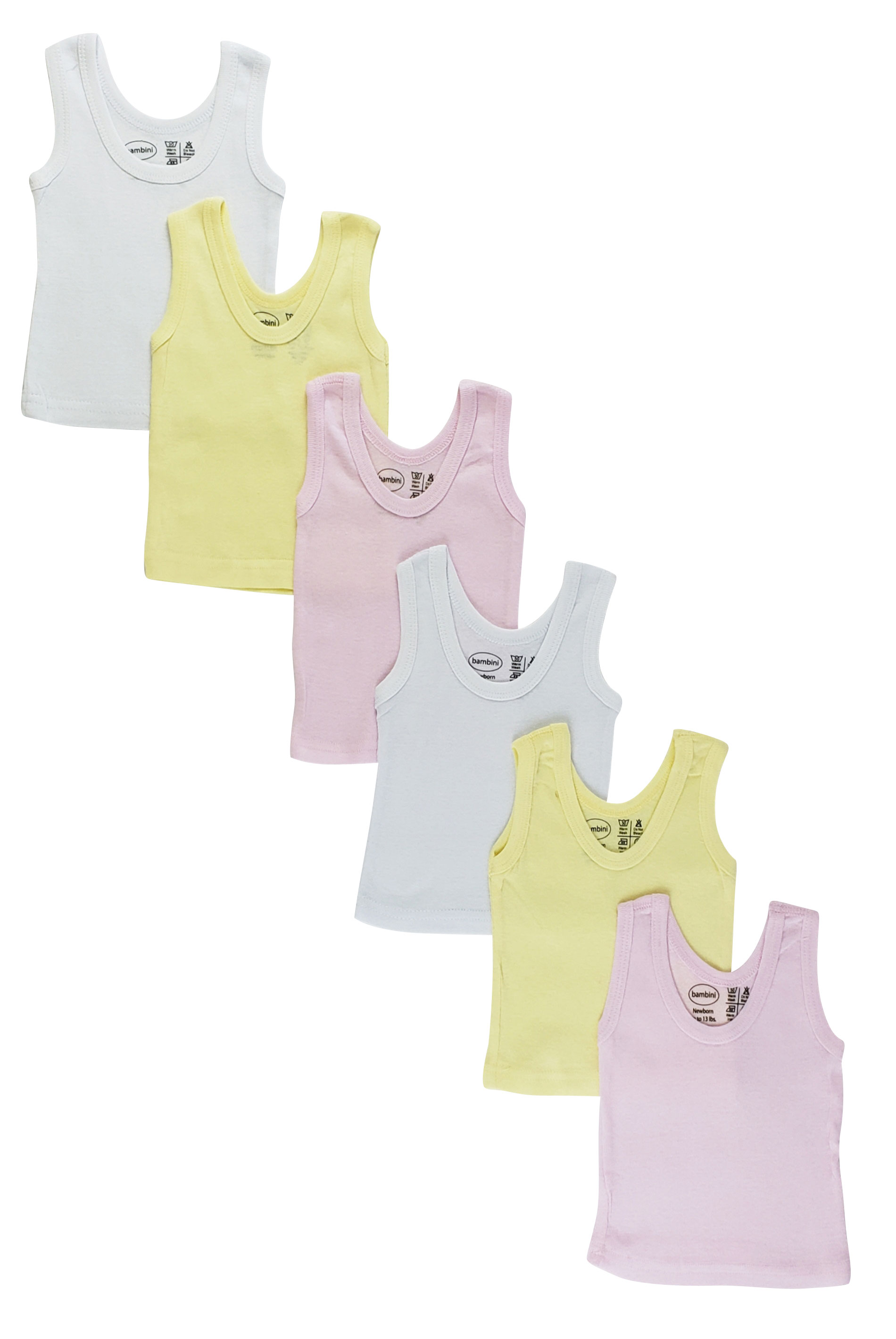 Bambini Girls' Six Pack Pastel Tank Tops in various soft pastel colors, showcasing the sleeveless design and 100% cotton fabric.