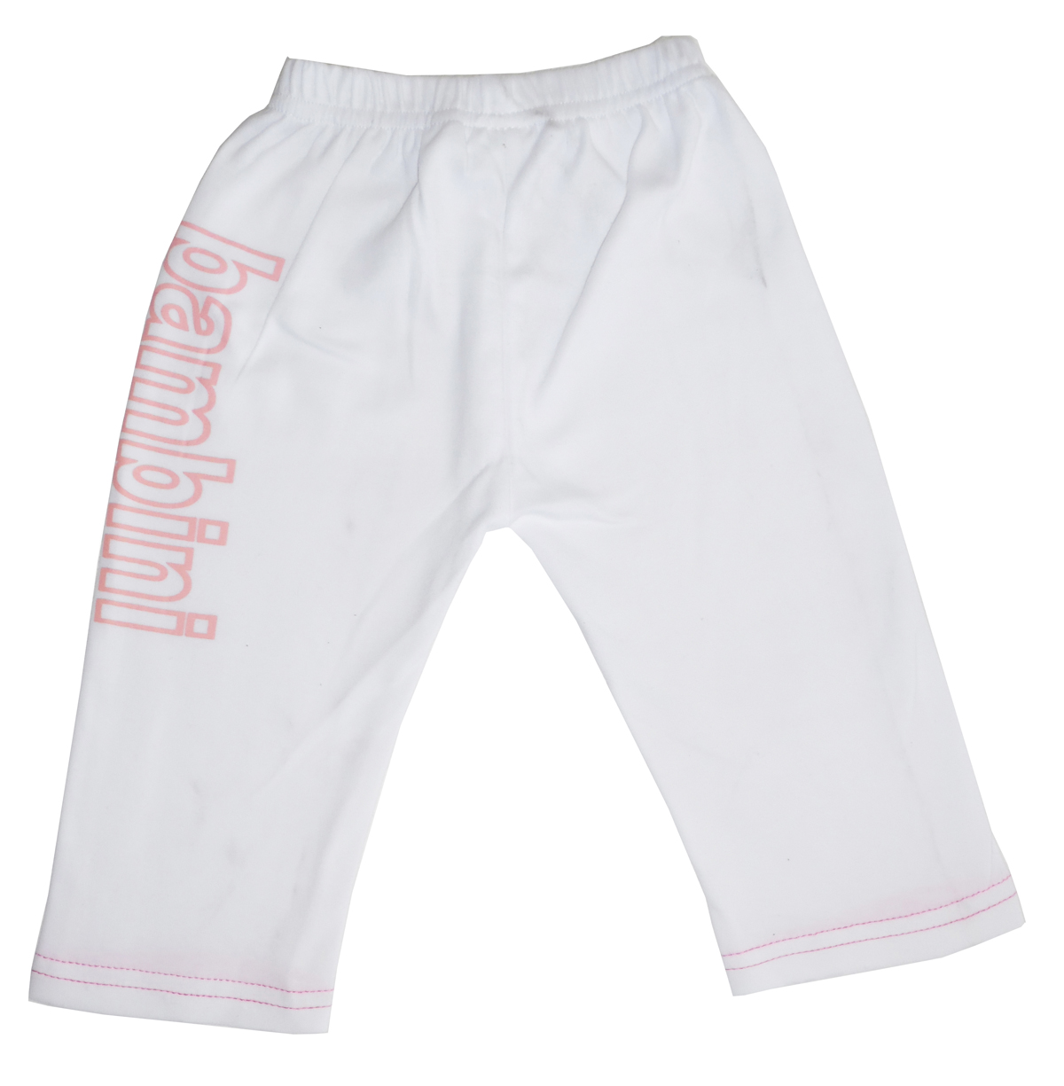 Bambini Girls White Pants with Print, featuring a covered elastic waist and open-ankle design, made from soft cotton fabric.