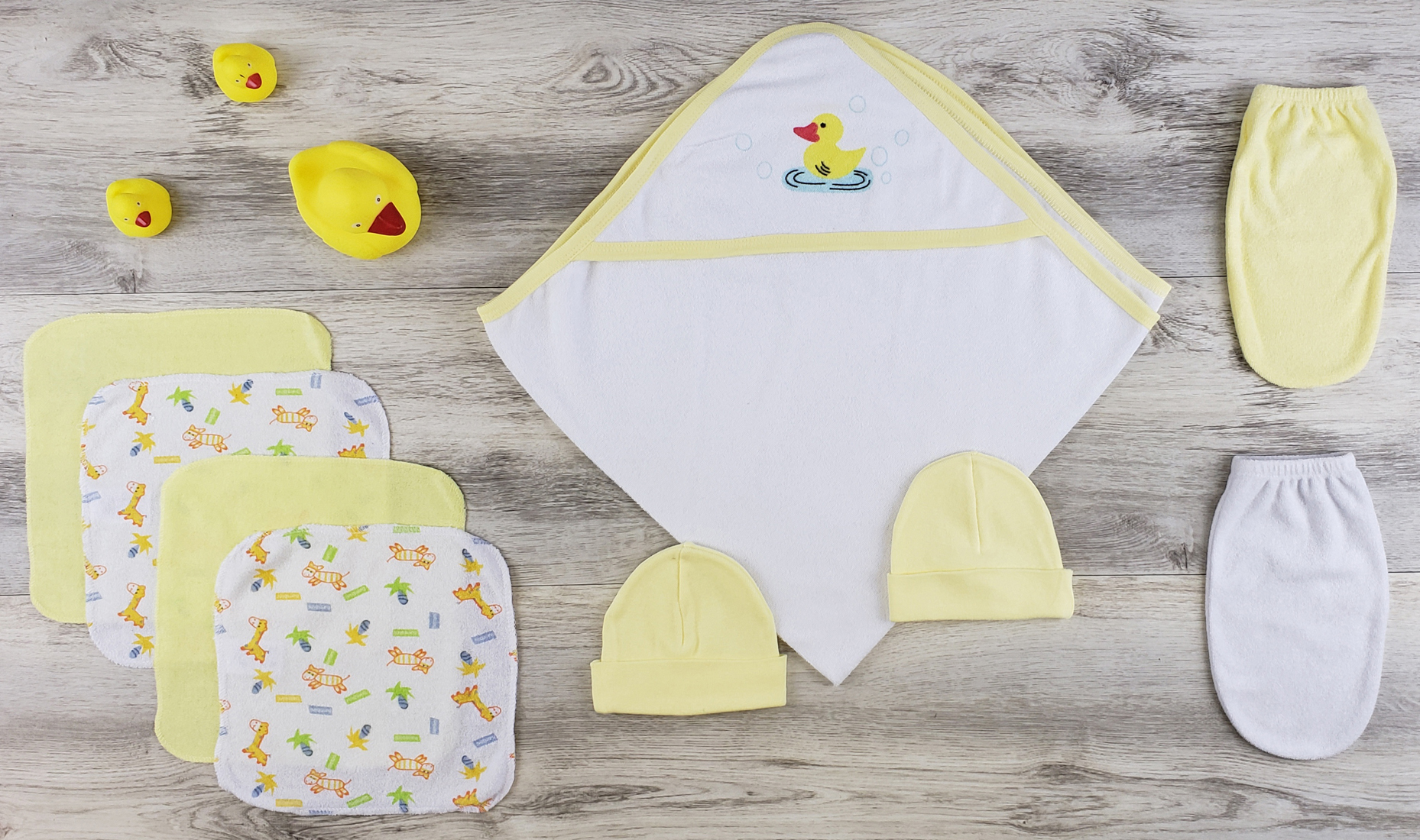 Bambini Hooded Towel set featuring soft cotton towel, mittens, and caps in yellow, perfect for newborns.