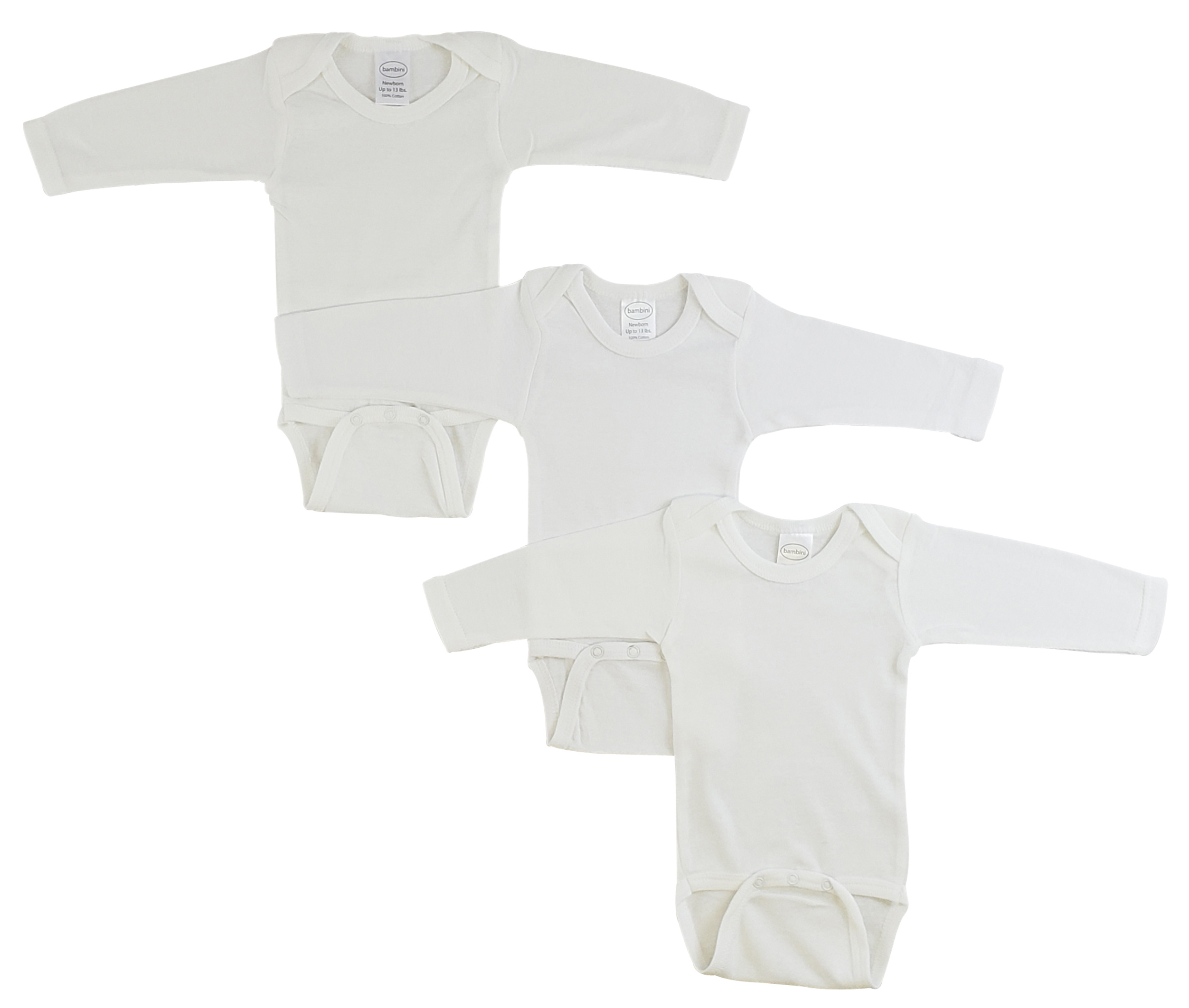 Bambini Long Sleeve White Onezie 3 Pack featuring soft cotton fabric, expandable neckline, and convenient snap closures for easy dressing.