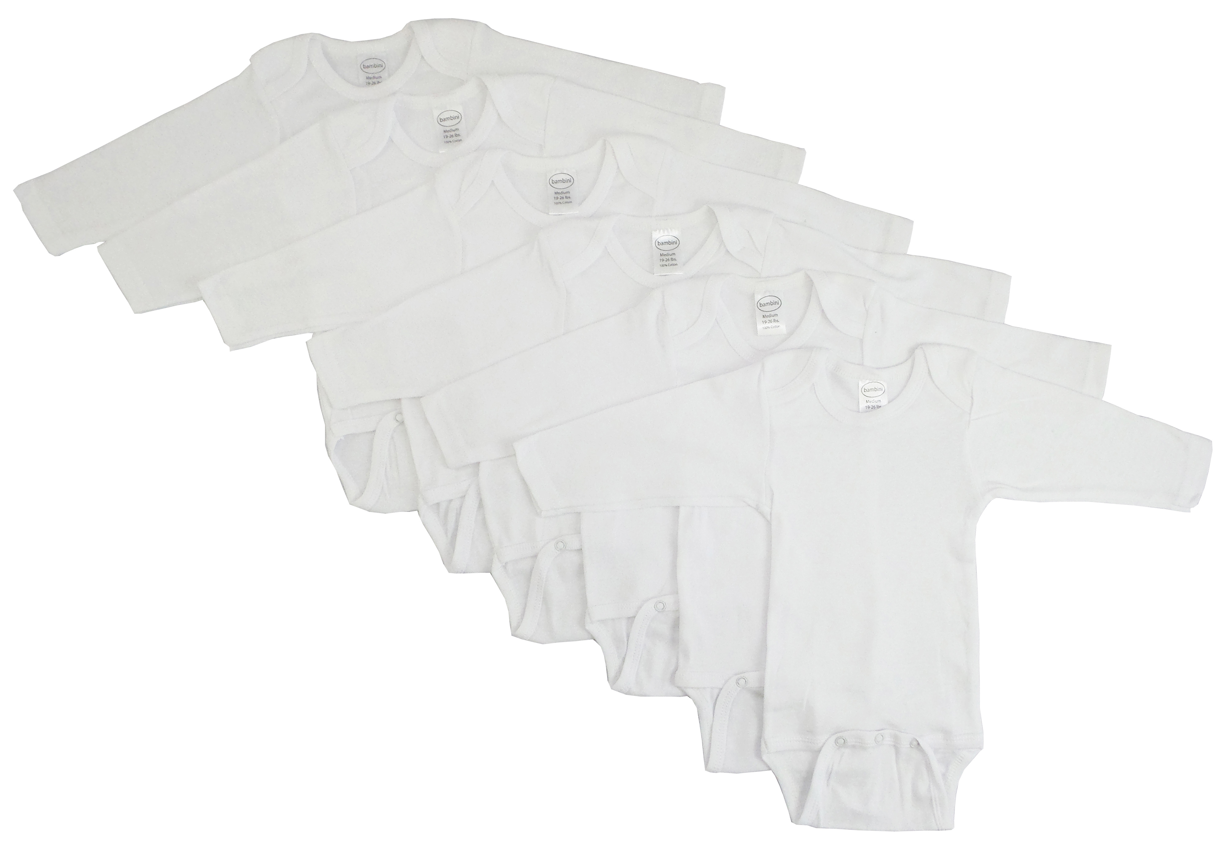 Bambini Long Sleeve White Onezie 6 Pack featuring soft cotton fabric and expandable neckline for easy dressing.