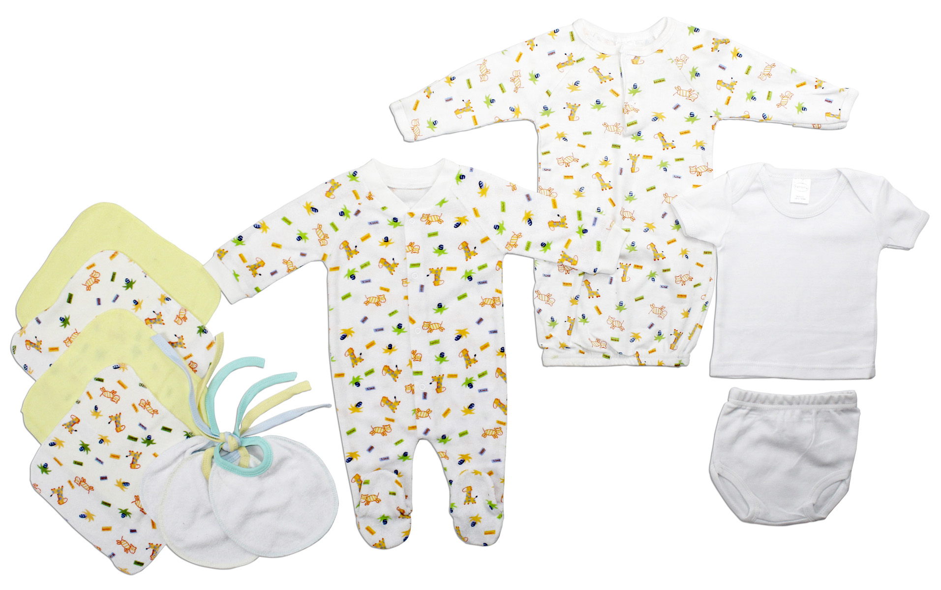 Bambini Neutral Newborn Baby 11 Pc Layette Set featuring soft cotton clothing essentials for newborns, perfect for baby showers.