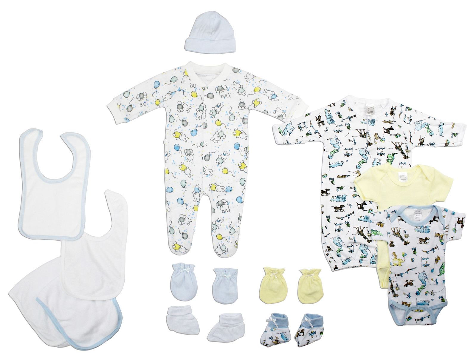 Bambini Neutral Newborn Baby 13 Pc Layette Set featuring soft cotton clothes, caps, mittens, and booties in a cozy arrangement.