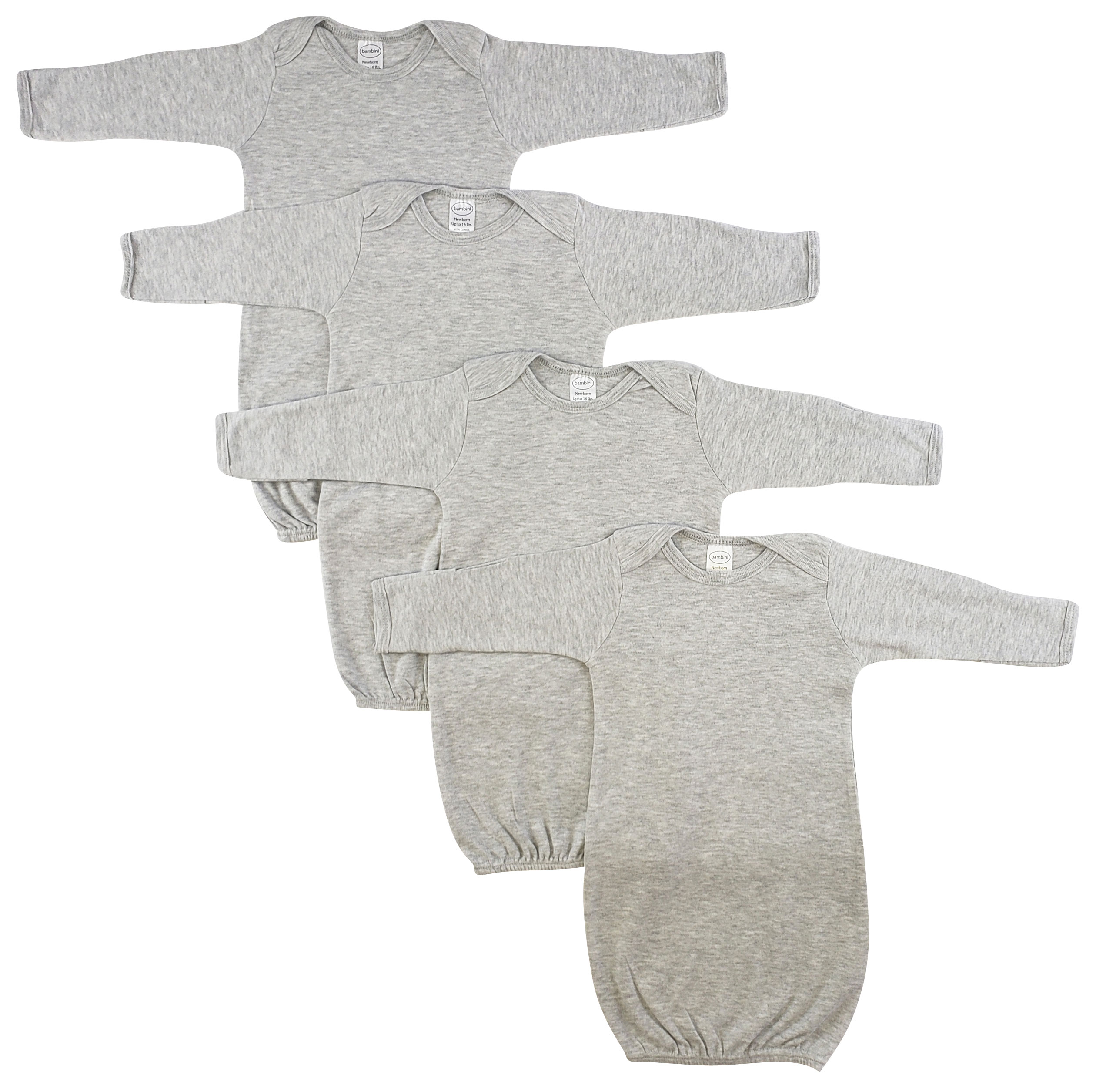 Bambini Newborn Baby 4 Piece Gown Set in heather grey, featuring soft cotton fabric and expandable neckline for easy dressing.