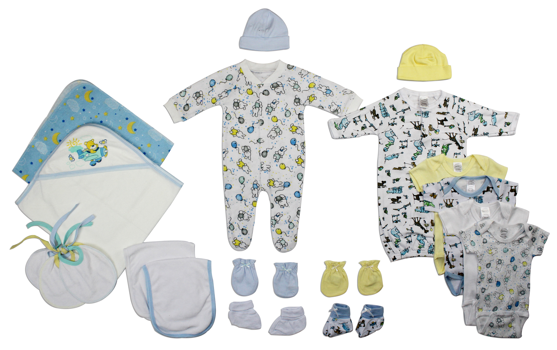 Bambini Newborn Baby Boy 19 Pc Layette Set featuring soft cotton clothes, caps, mittens, and a receiving blanket, perfect for baby showers.