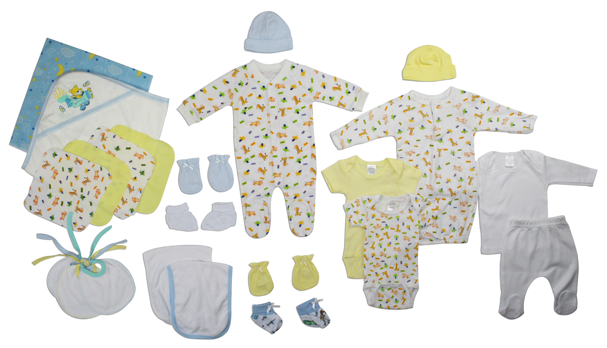 Bambini Newborn Baby Boy 23 Pc Layette Set featuring soft cotton clothes, including onesies, caps, mittens, and a receiving blanket.