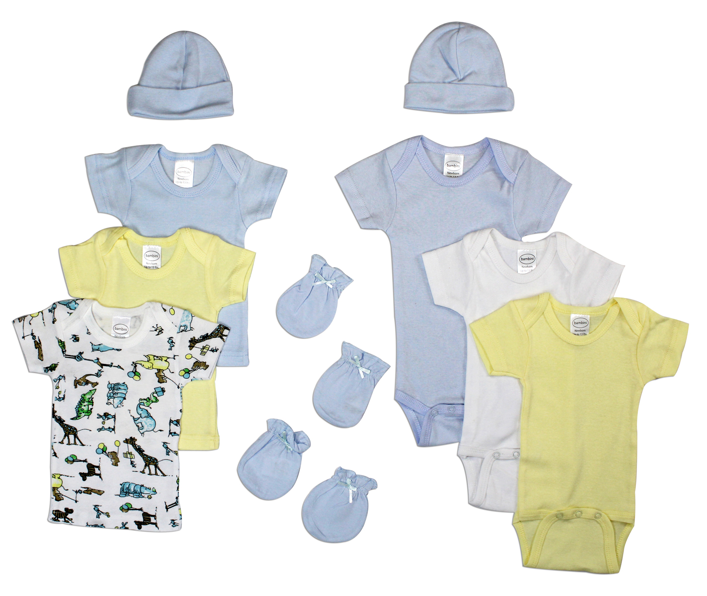 Bambini Newborn Baby Boys 10 Pc Layette Set featuring soft cotton clothing including caps, mittens, bodysuits, and t-shirts in blue and pastel colors.