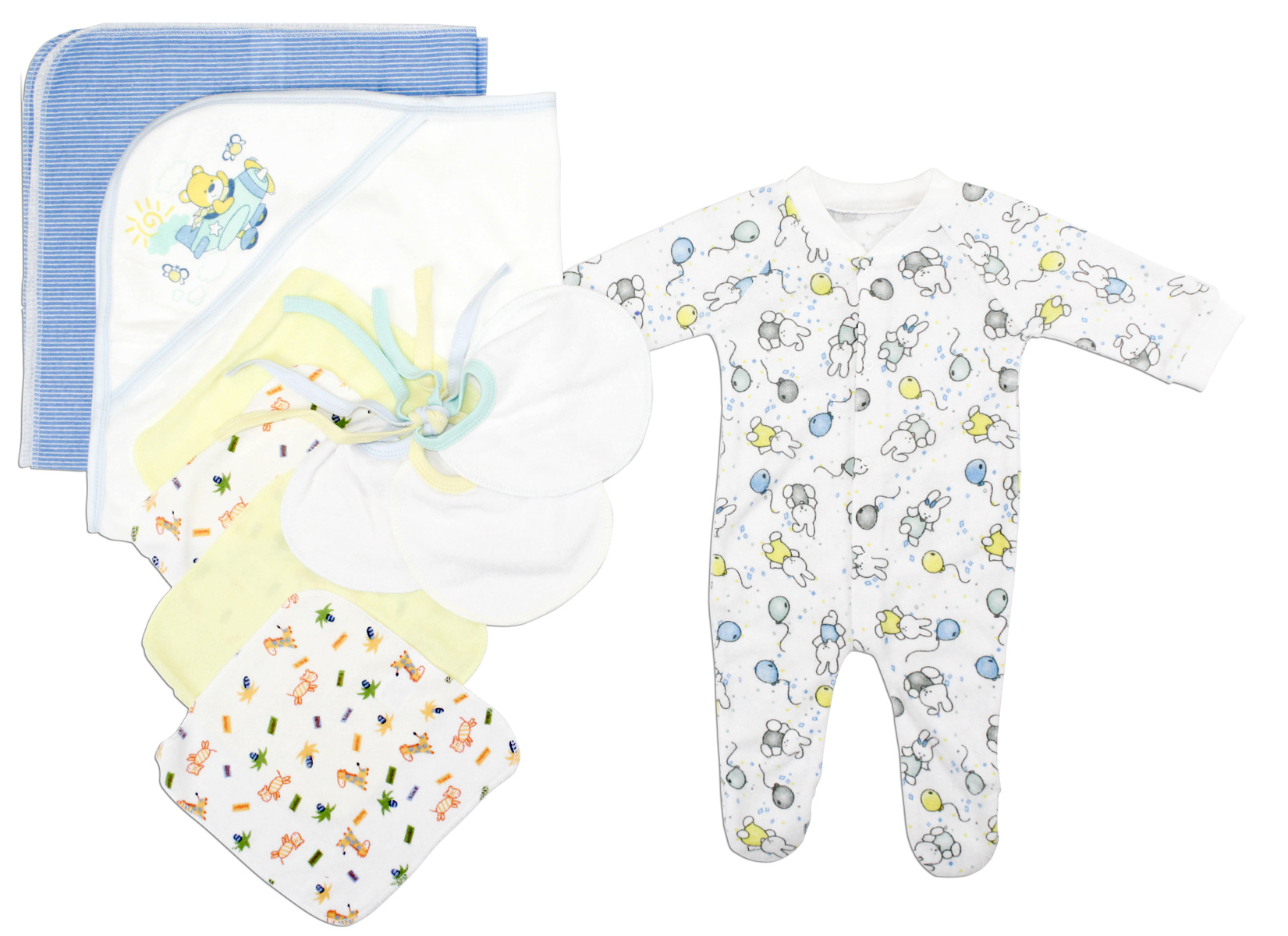 Bambini Newborn Baby Boys 10 Pc Layette Gift Set featuring soft cotton clothes, bibs, and a receiving blanket.