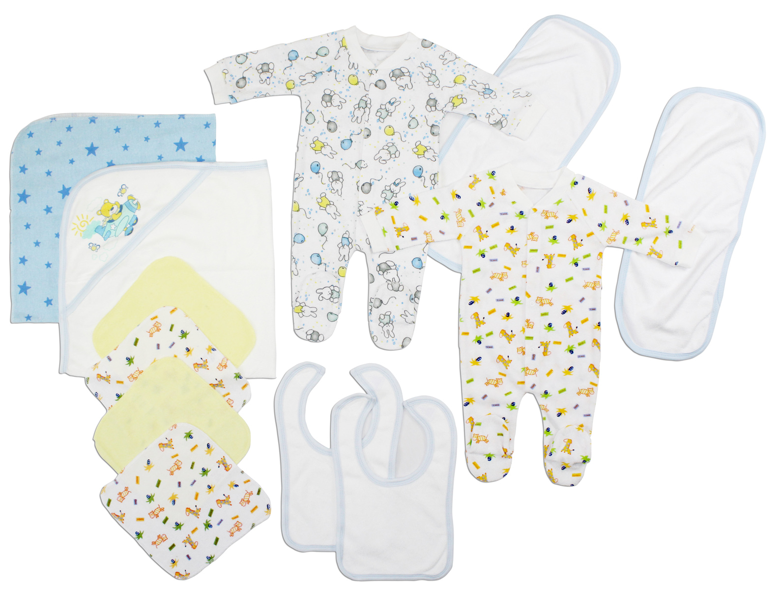 Bambini Newborn Baby Boys 12 Pc Layette Set featuring soft cotton clothing, bibs, towels, and blankets in a neatly arranged gift set.