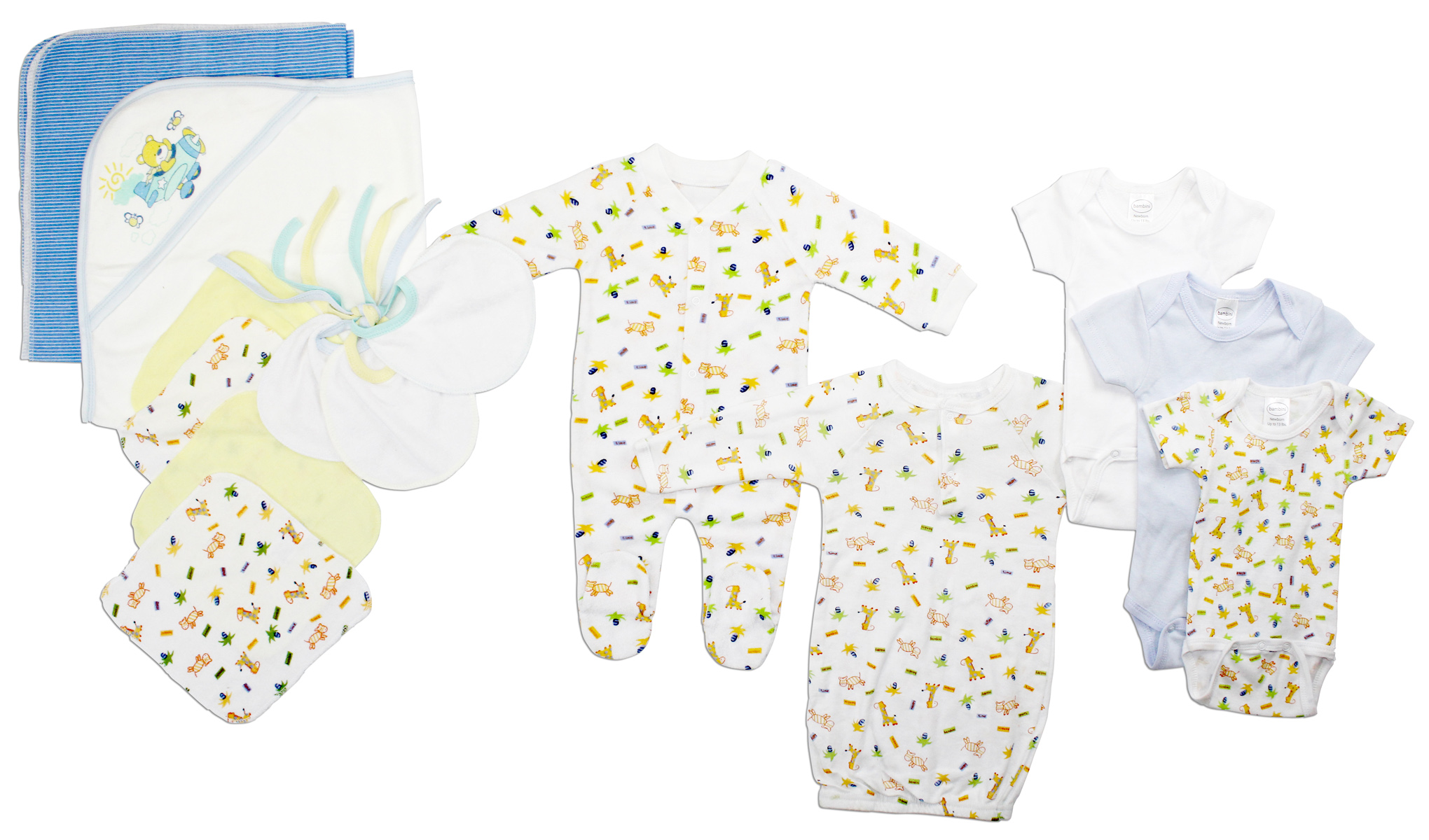 Bambini Newborn Baby Boys 14 Pc Layette Set featuring soft cotton clothes, bibs, towels, and blankets for newborn comfort.