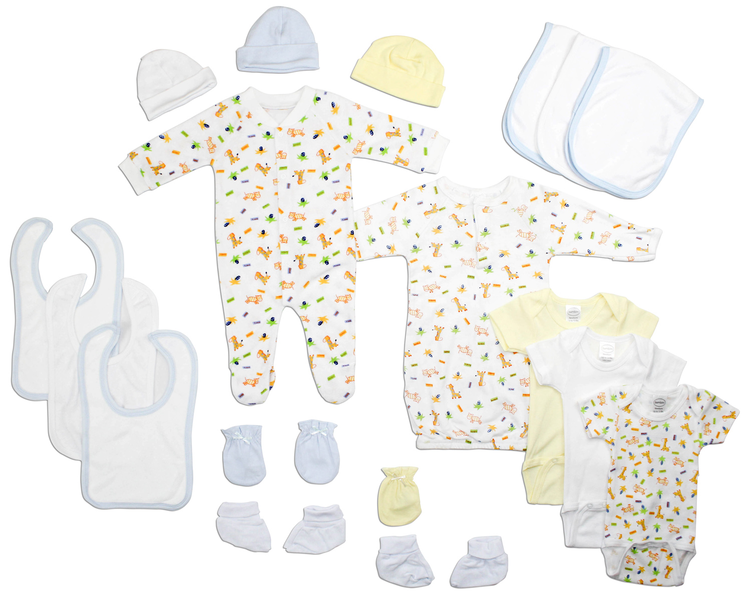 Bambini Newborn Baby Boys 18 Pc Layette Set featuring soft cotton clothes, bibs, mittens, and booties in a neatly arranged gift set.