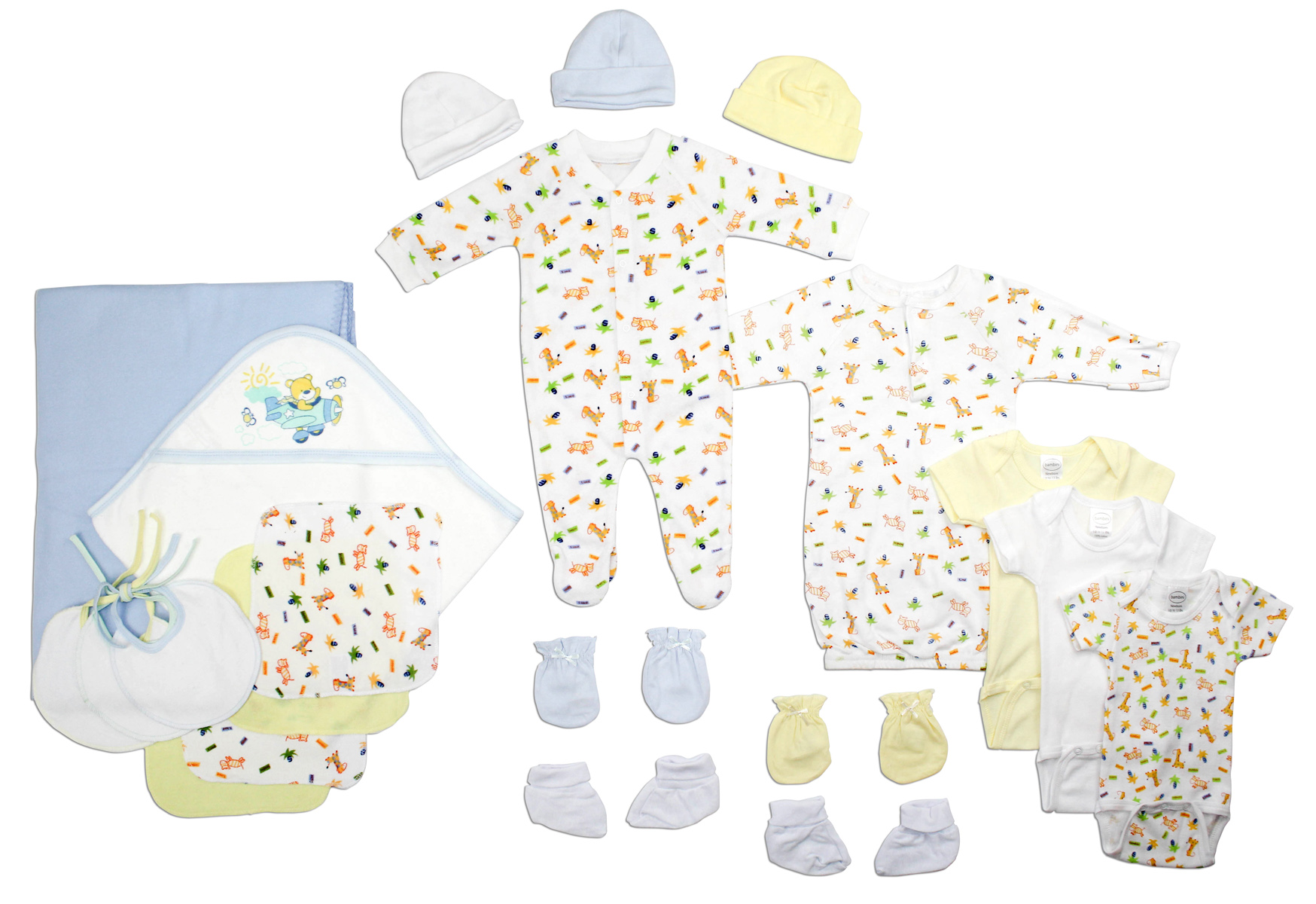 Bambini Newborn Baby Boys 21 Pc Layette Set featuring soft cotton clothing and accessories for newborns.