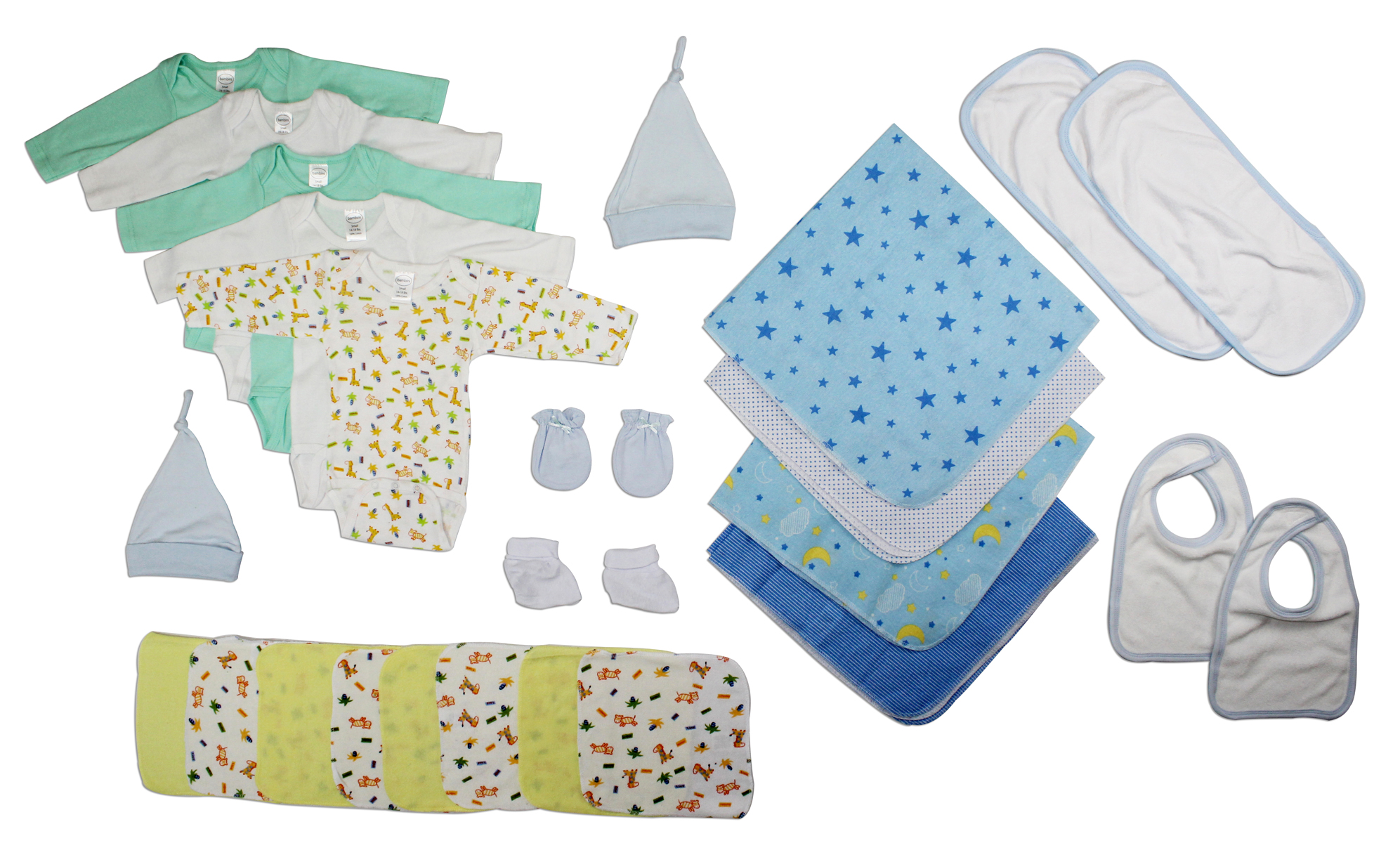 Bambini Newborn Baby Boys 25 Pc Layette Gift Set featuring soft cotton clothes, blankets, booties, and accessories in pastel colors.