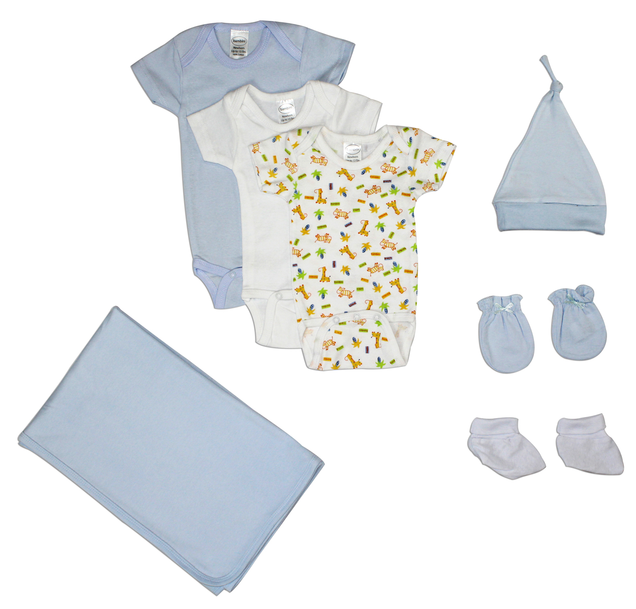 Bambini Newborn Baby Boys 7 Pc Layette Set featuring soft cotton clothes, booties, mittens, and a receiving blanket in blue and white.