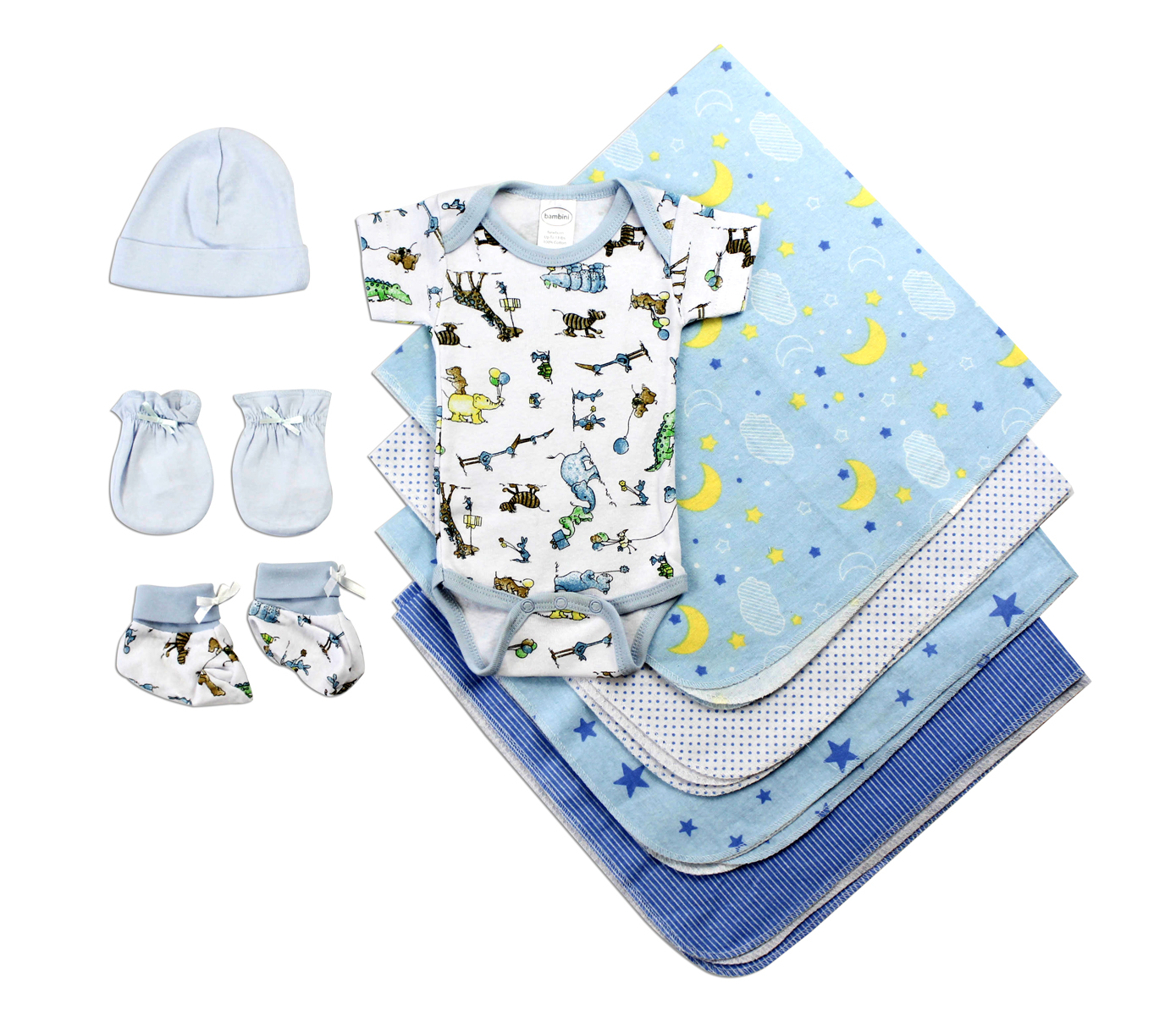 Bambini Newborn Baby Boys 8 Pc Layette Gift Set featuring soft cotton clothes, mittens, and flannel receiving blankets in a stylish arrangement.