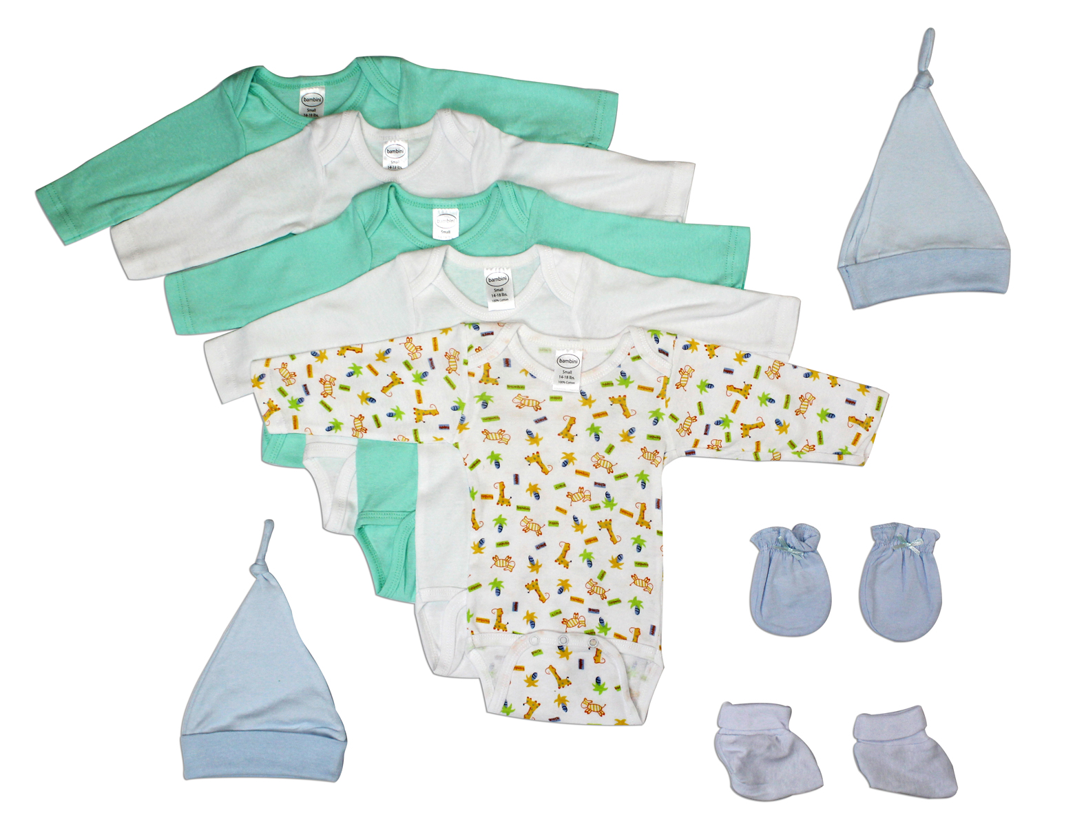Bambini Newborn Baby Boys 9 Pc Layette Set featuring soft cotton onesies, mittens, booties, and caps in pastel colors.