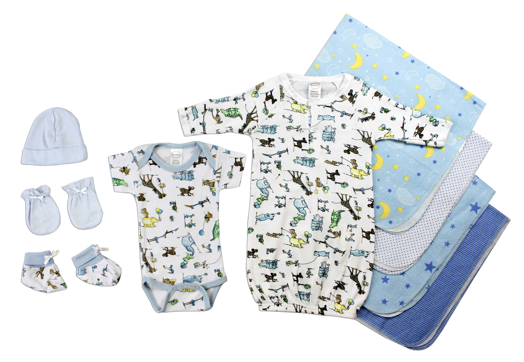 Bambini Newborn Baby Boys 9 Pc Layette Set featuring soft cotton clothes, mittens, gown, and receiving blankets in a stylish arrangement.