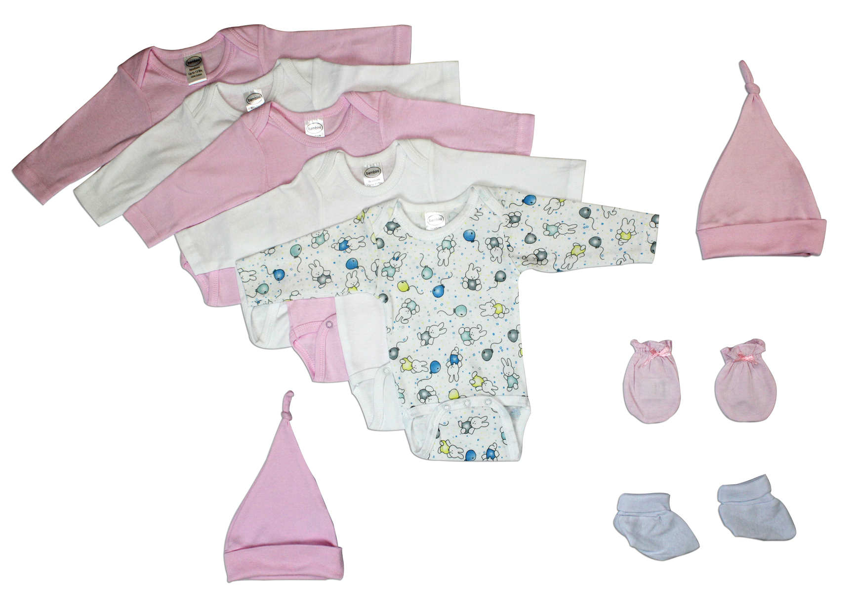 Bambini Newborn Baby Girl 9 Pc Layette Set featuring soft cotton onesies, mittens, booties, and caps in pastel colors.