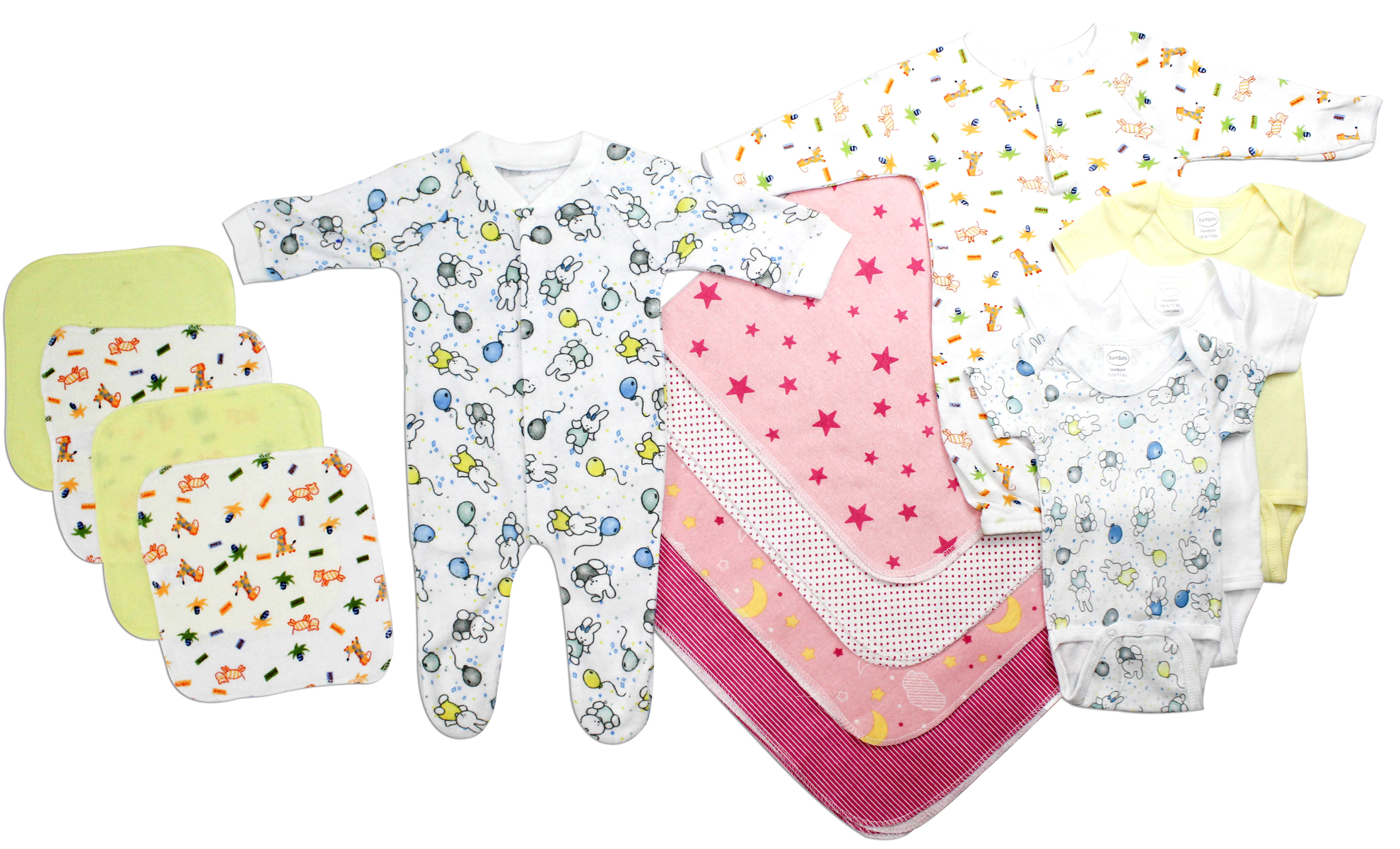 Bambini Newborn Baby Girls 13 Pc Layette Set featuring soft cotton clothes and accessories for newborns.