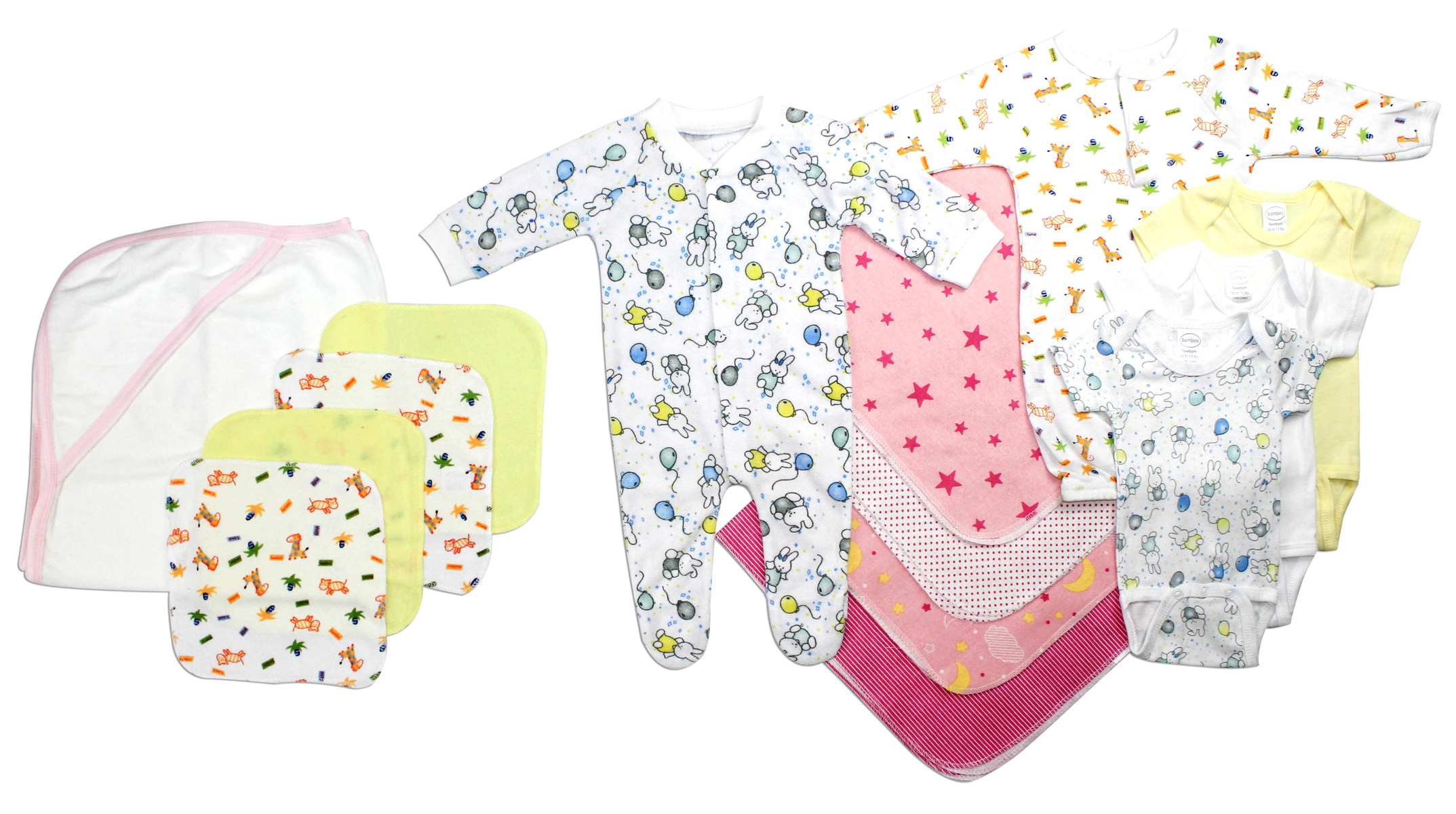 Bambini Newborn Baby Girls 14 Pc Layette Gift Set featuring soft cotton clothes, blankets, and accessories for newborns.