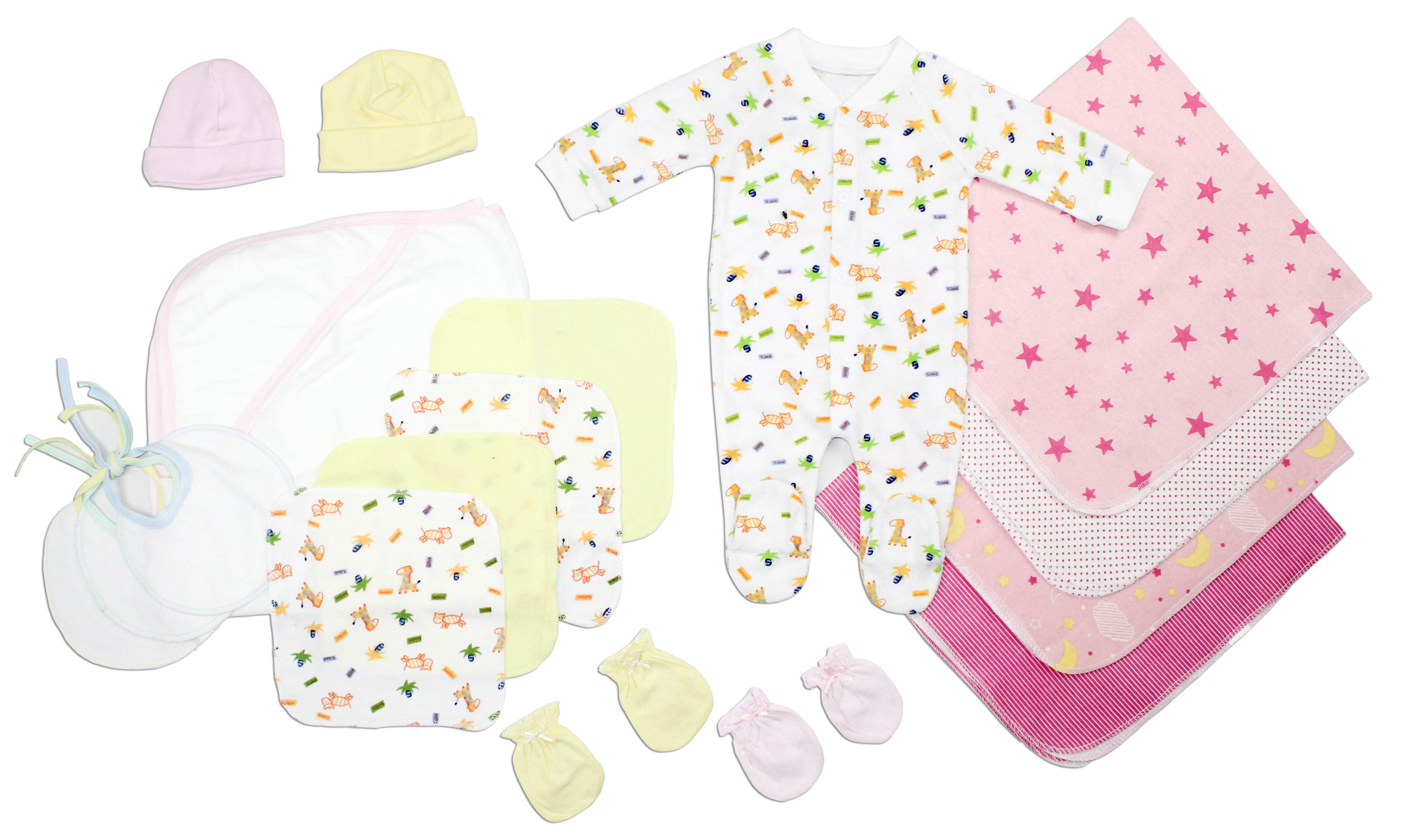 Bambini Newborn Baby Girls 17 Pc Layette Set featuring soft cotton clothes, blankets, towels, and accessories in pink and yellow.