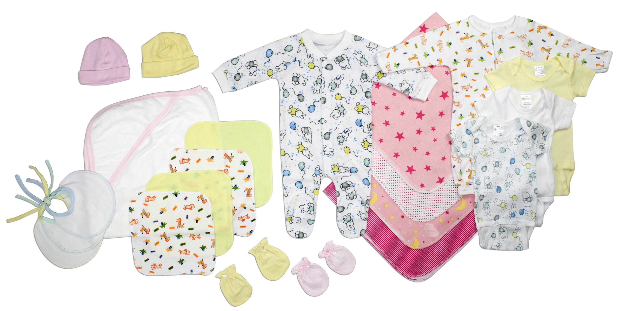 Bambini Newborn Baby Girls 21 Pc Layette Set featuring soft cotton clothing, receiving blankets, and accessories in pastel colors.