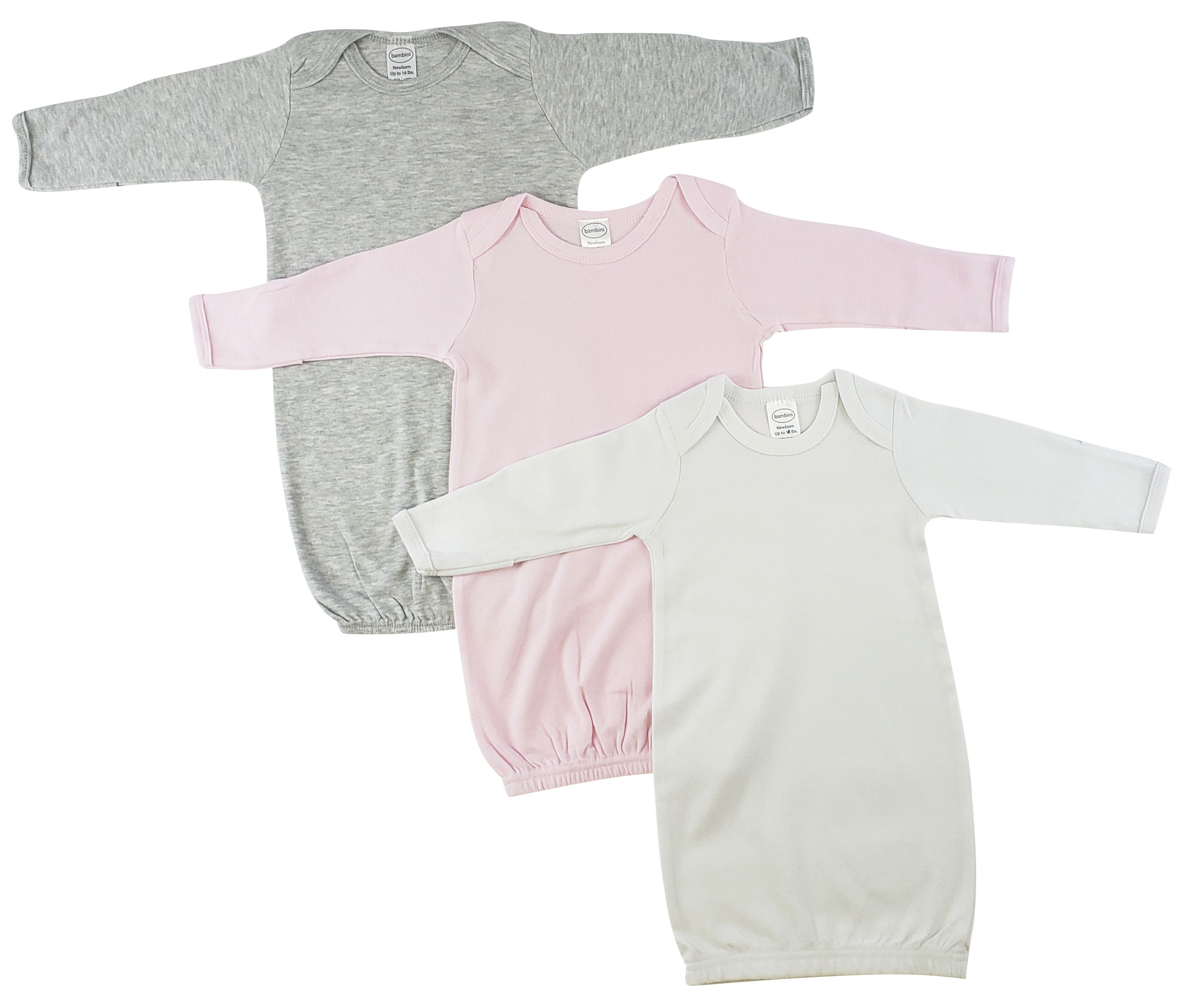 Bambini Newborn Baby Girls 3 pc Gown Set featuring soft cotton gowns in heather grey, pink, and white.