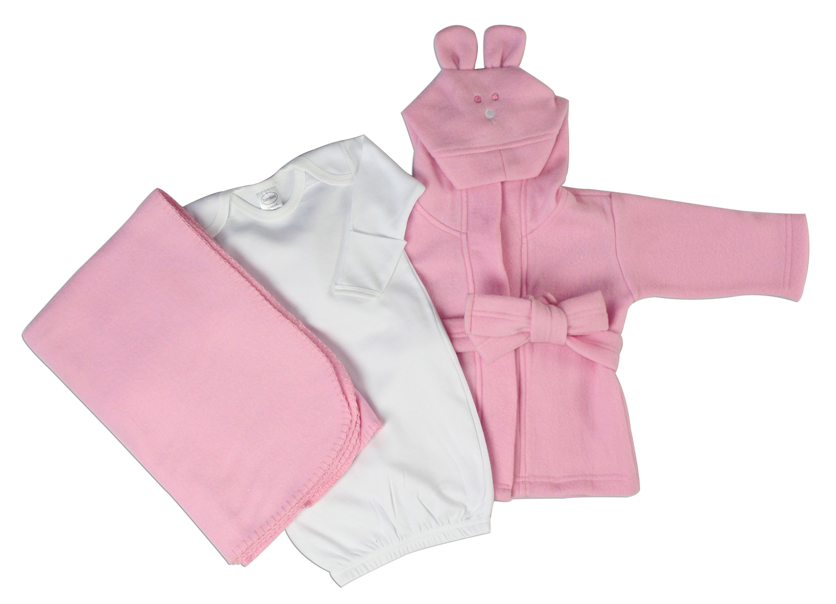 Bambini Newborn Baby Girls 3 Pc Layette Set featuring a white gown, pink fleece robe with hoodie, and pink polarfleece blanket, all made from soft materials.