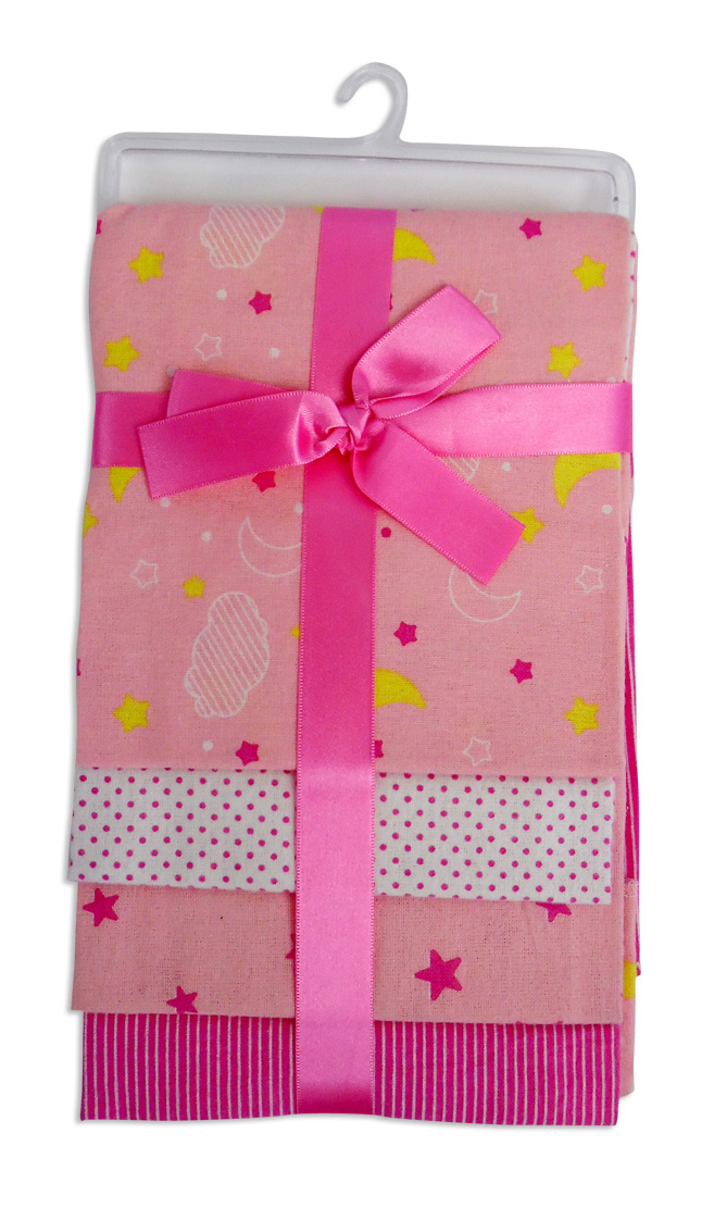 Bambini Pink Four Pack Receiving Blankets featuring soft cotton flannel in assorted pink prints, ideal for babies.