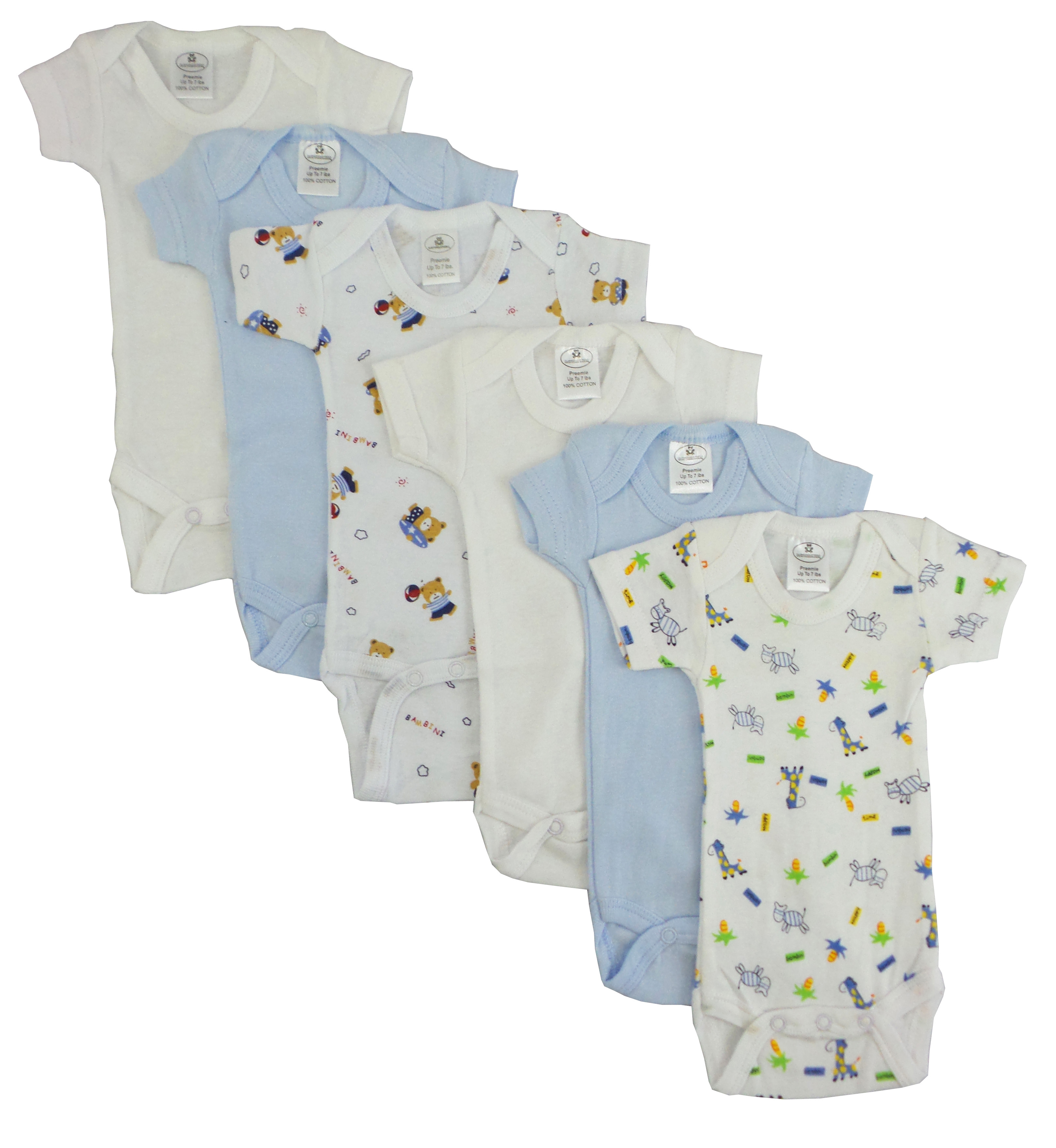 Bambini Preemie Boys Short Sleeve Printed 6 Pack featuring colorful and cute designs for newborns, made from soft 100% cotton.