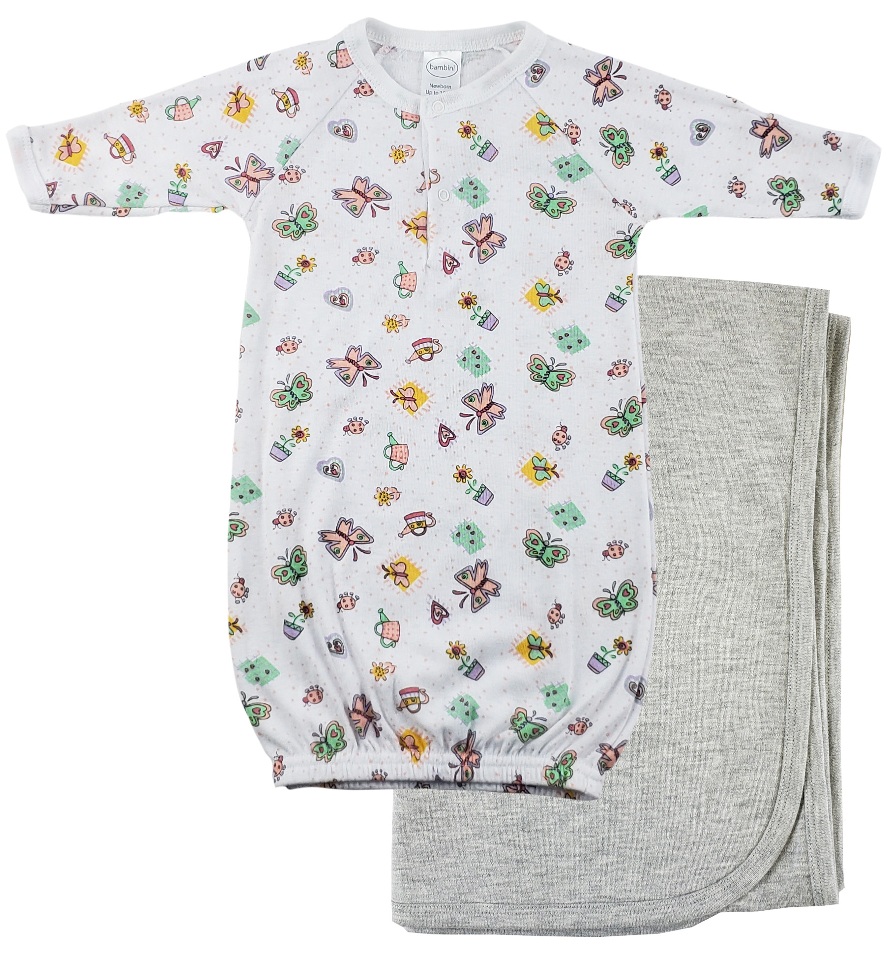 Bambini Print Infant Gown with long sleeves and matching grey receiving blanket, designed for newborns, featuring built-in mitten cuffs.