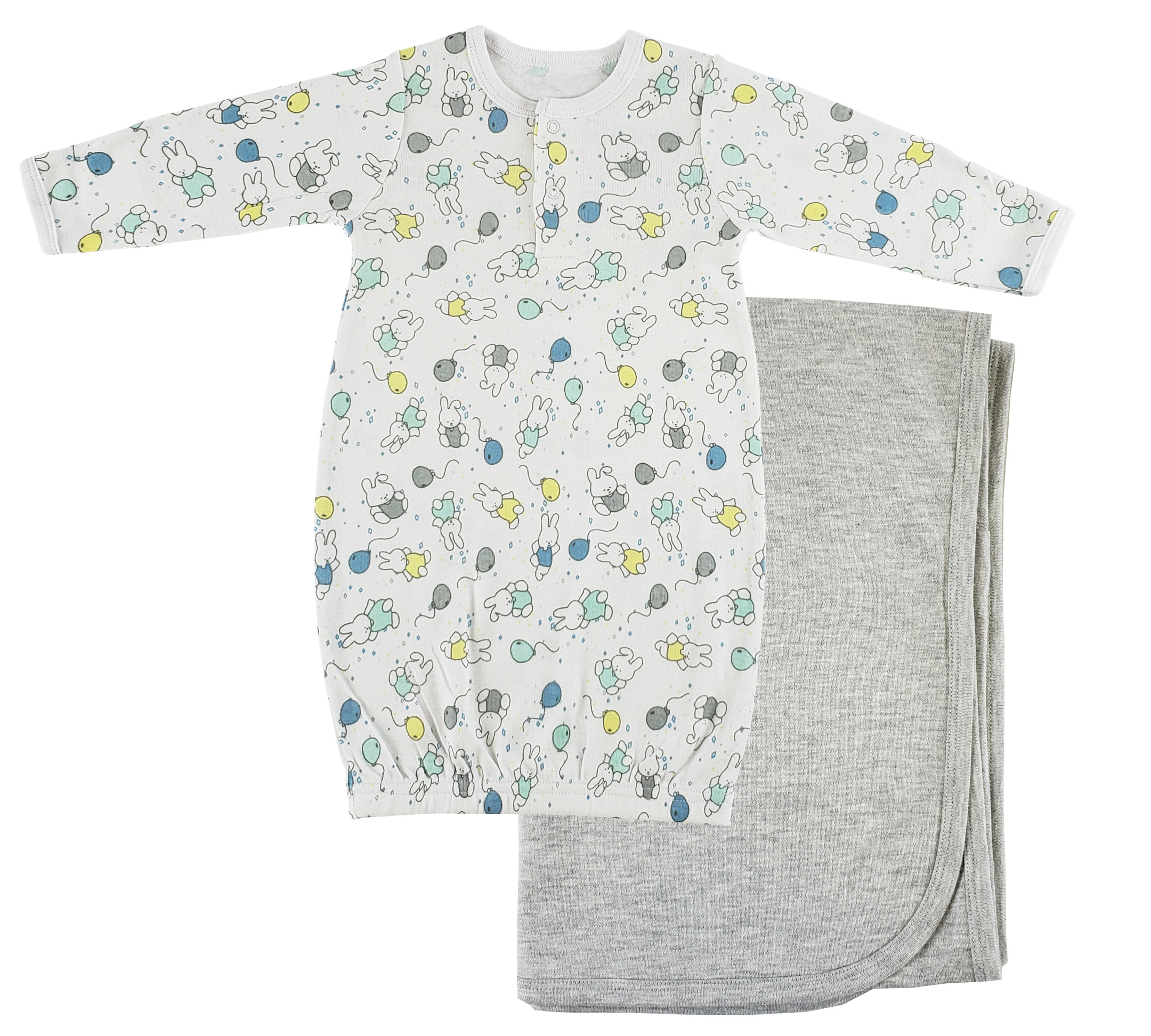 Bambini Print Infant Gown with long sleeves and mitten cuffs, accompanied by a soft grey receiving blanket, perfect for newborns.