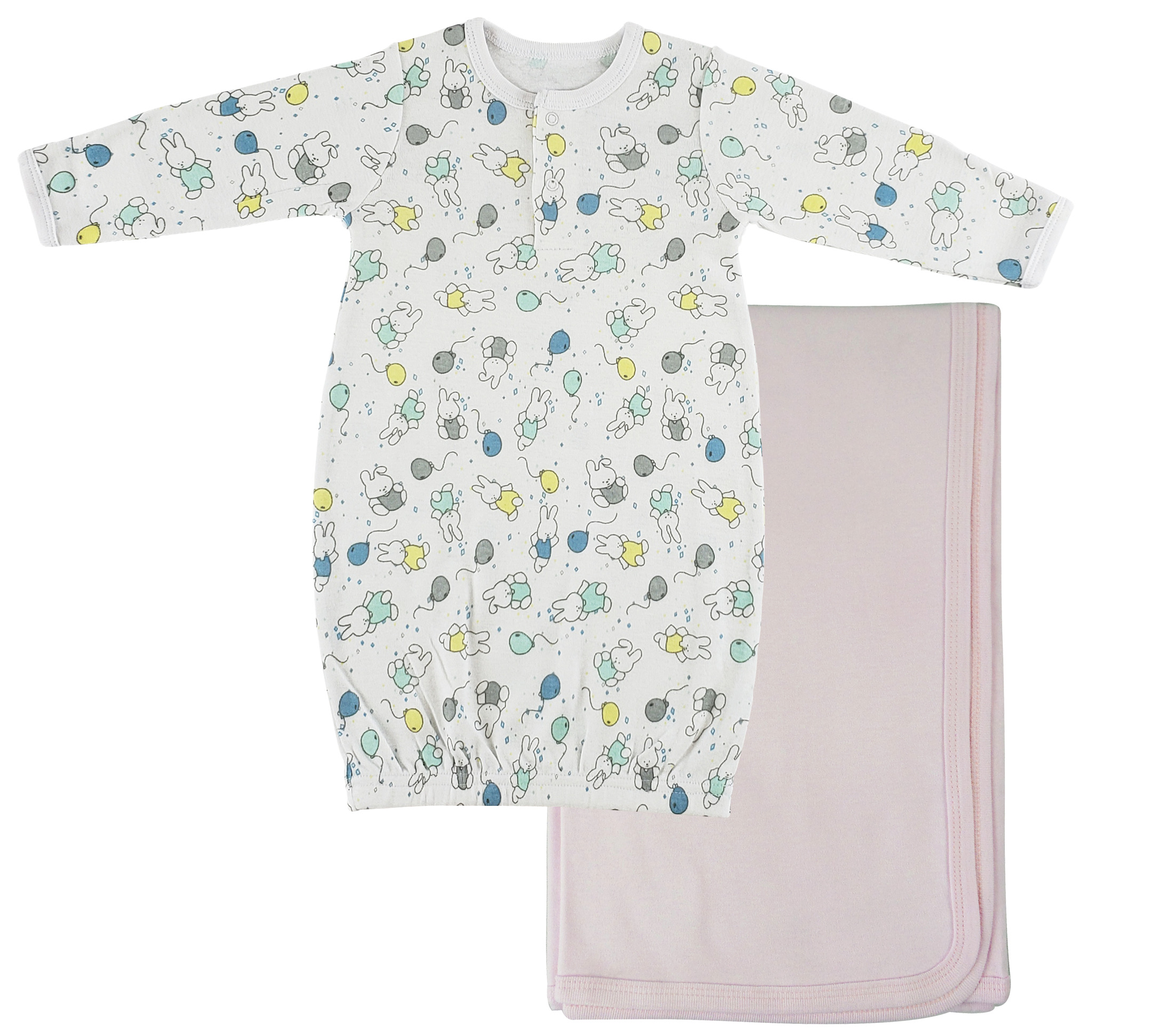 Bambini Print Infant Gown with long sleeves and mitten cuffs, paired with a soft grey receiving blanket, perfect for newborns.