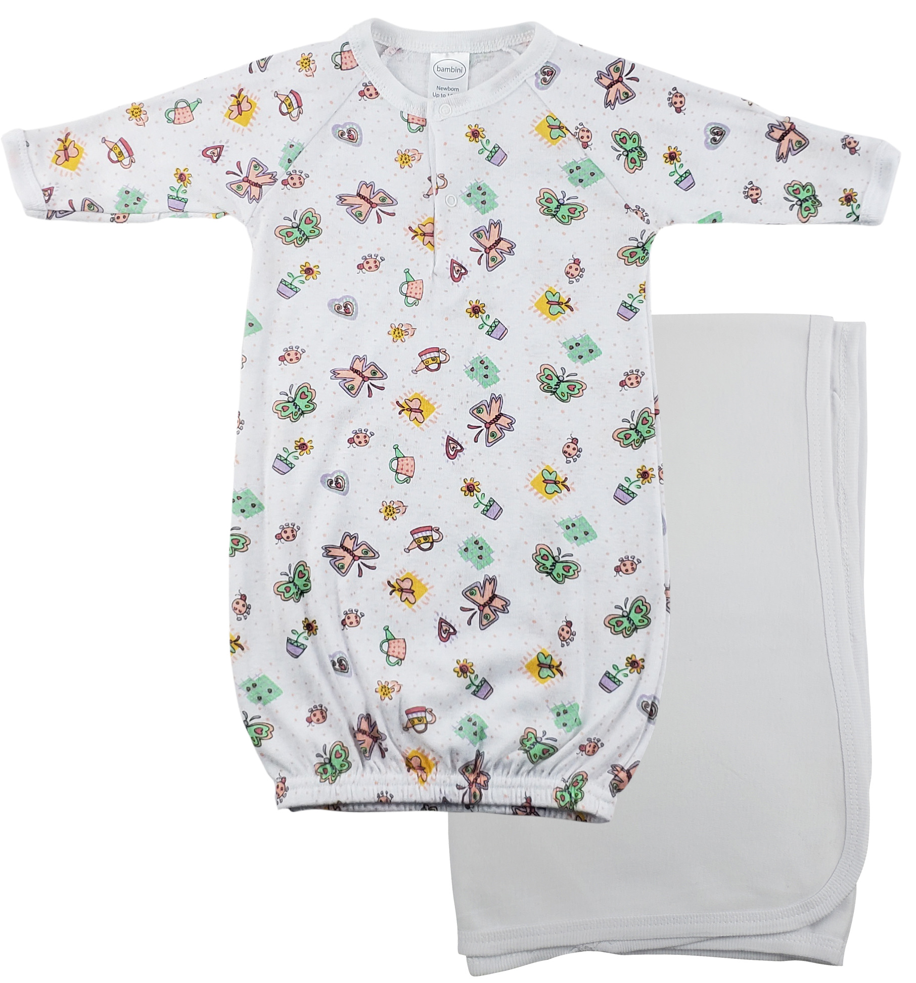 Bambini Print Infant Gown with long sleeves and mitten cuffs, accompanied by a soft grey receiving blanket, perfect for newborns.