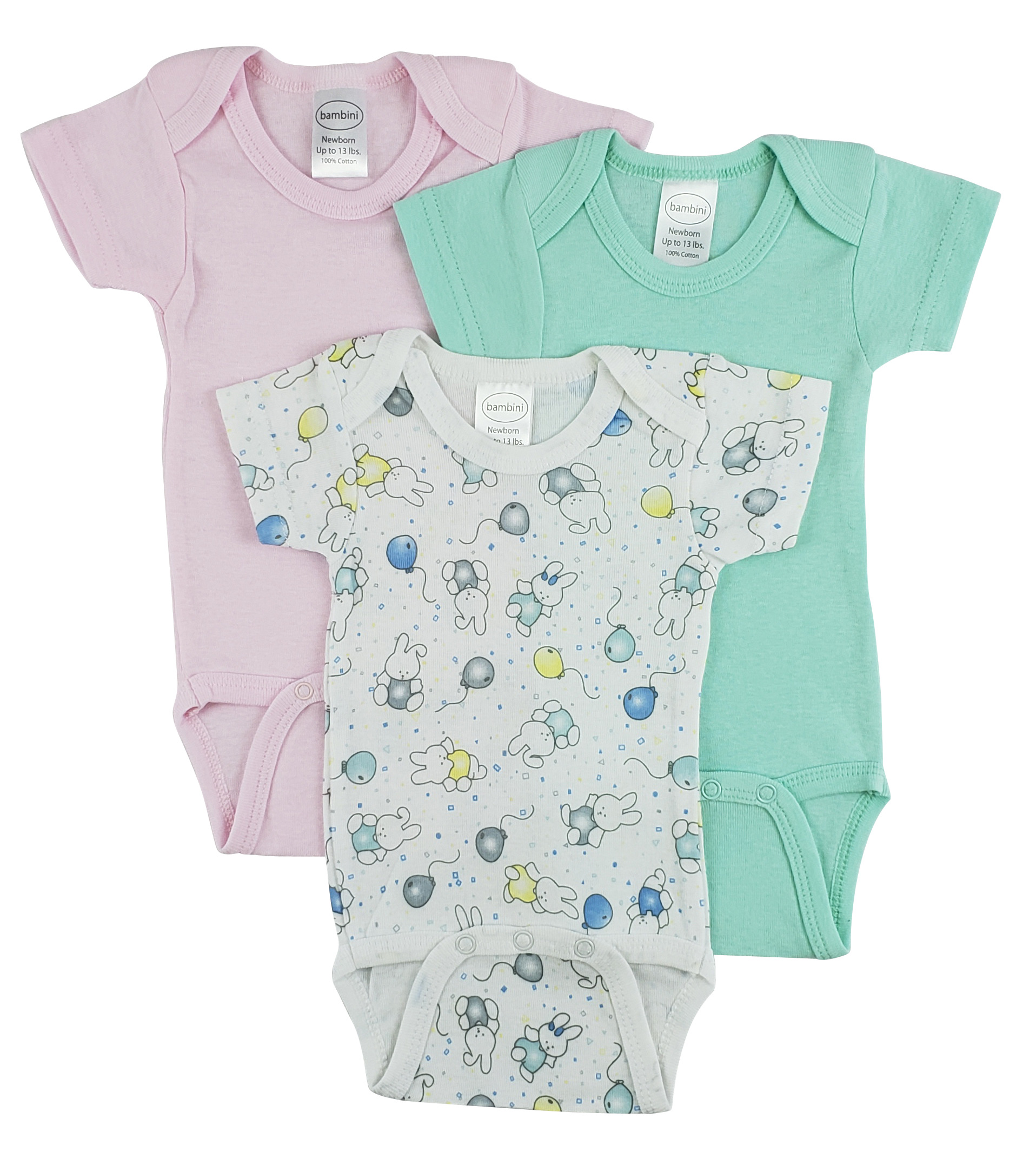 Bambini Short Sleeve One Piece 3 Pack in white, showcasing soft cotton fabric and expandable neckline for easy dressing.