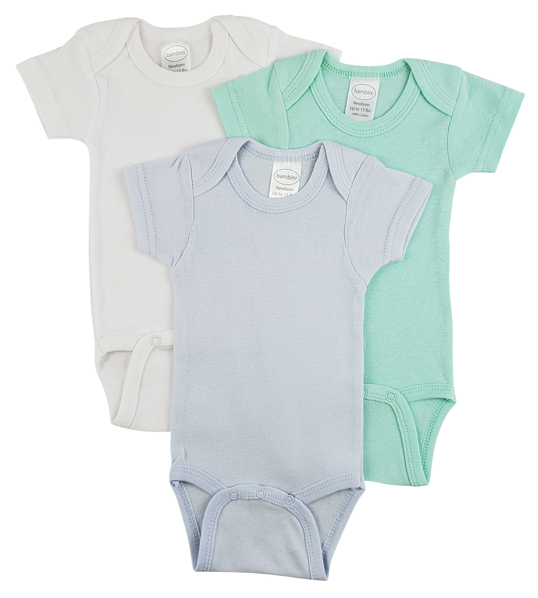 Bambini Short Sleeve One Piece 3 Pack featuring soft white cotton fabric, expandable neckline, and front snap closure for easy dressing.