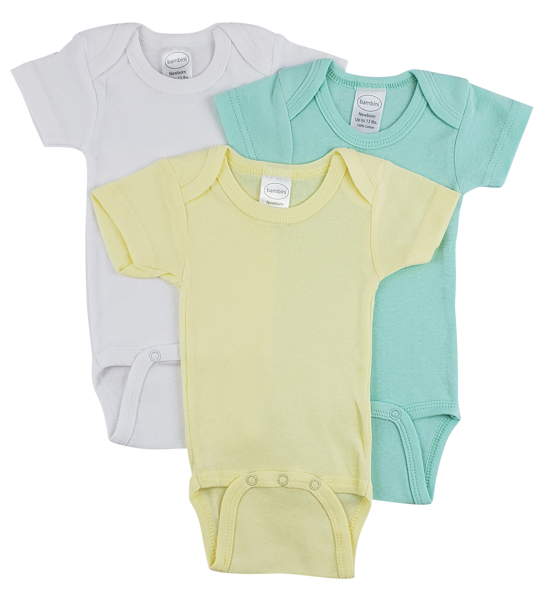Bambini Short Sleeve One Piece 3 Pack featuring soft white cotton fabric, expandable neckline, and front snap closure for easy dressing.