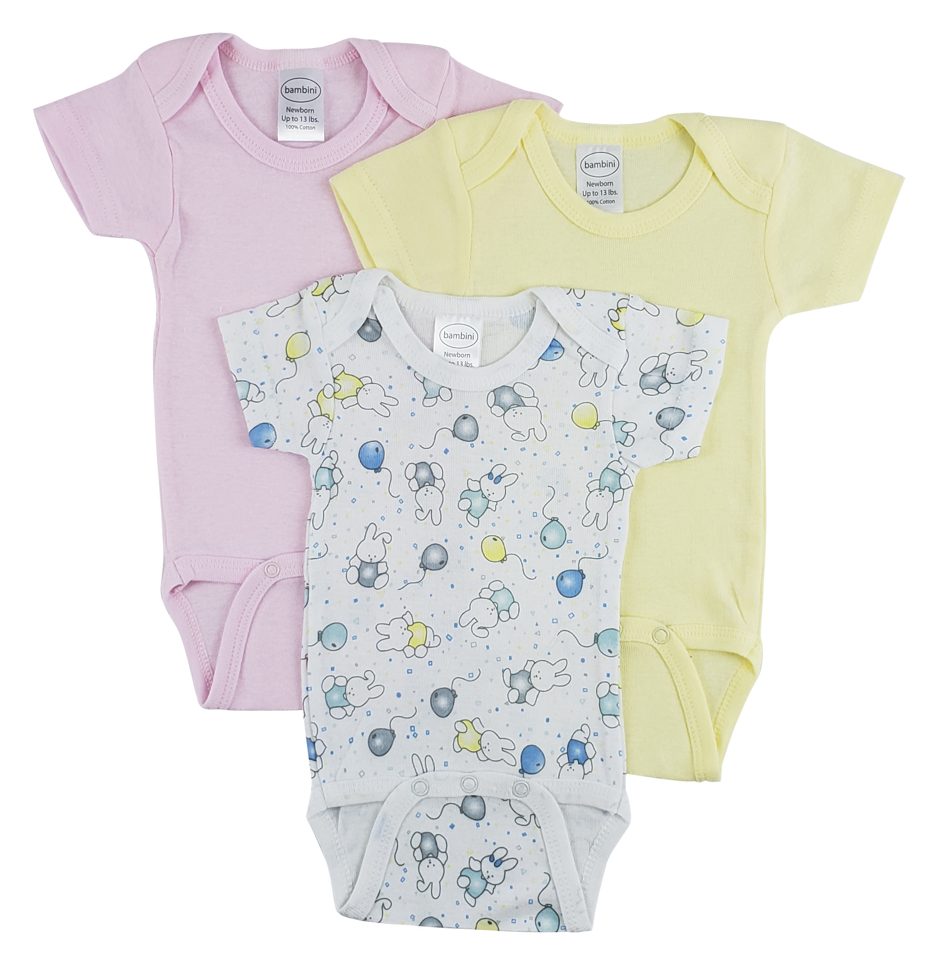 Bambini Short Sleeve One Piece 3 Pack featuring soft white cotton fabric, expandable neckline, and front snap closure for easy dressing.