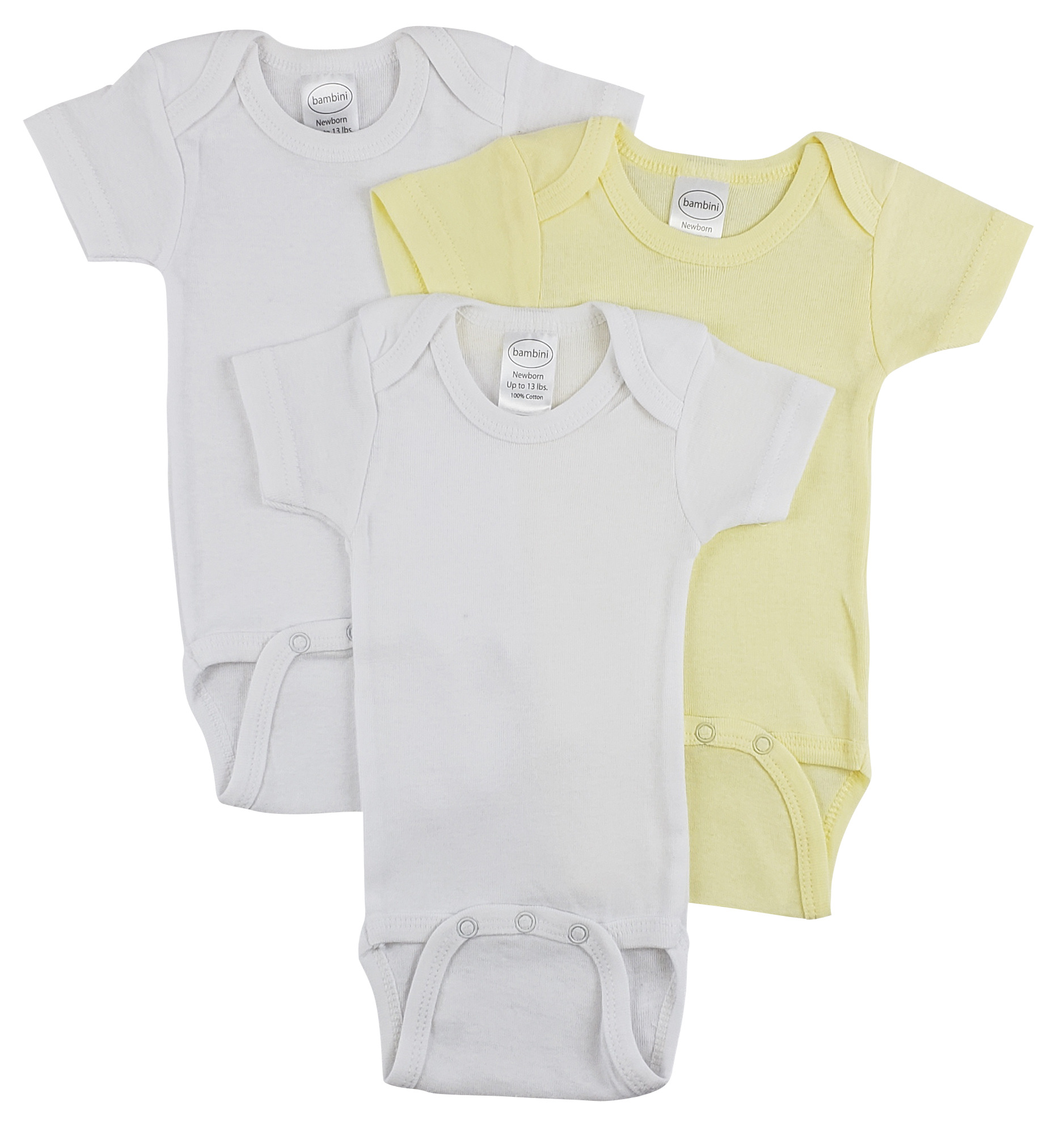 Bambini Short Sleeve One Piece 3 Pack featuring soft white cotton fabric, expandable neckline, and front snap closure for easy dressing.