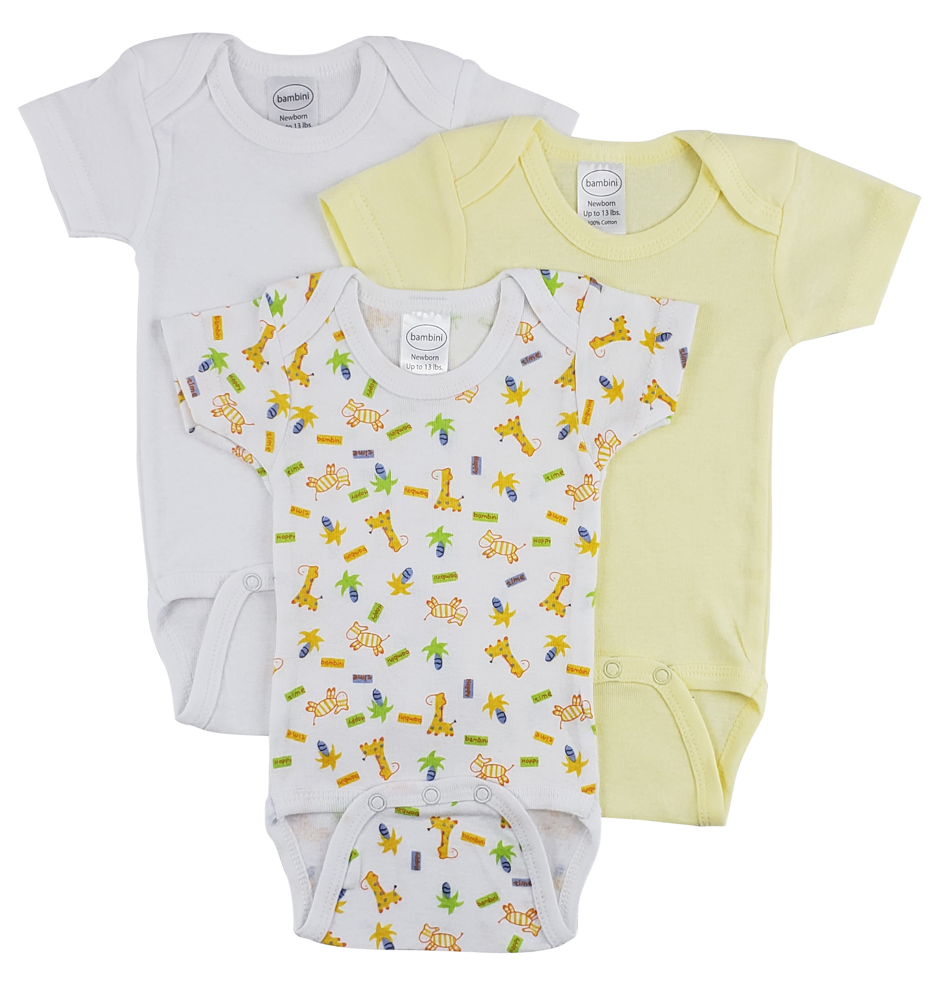 Bambini Short Sleeve One Piece 3 Pack featuring soft cotton fabric, expandable neckline, and front snap closure for easy dressing.