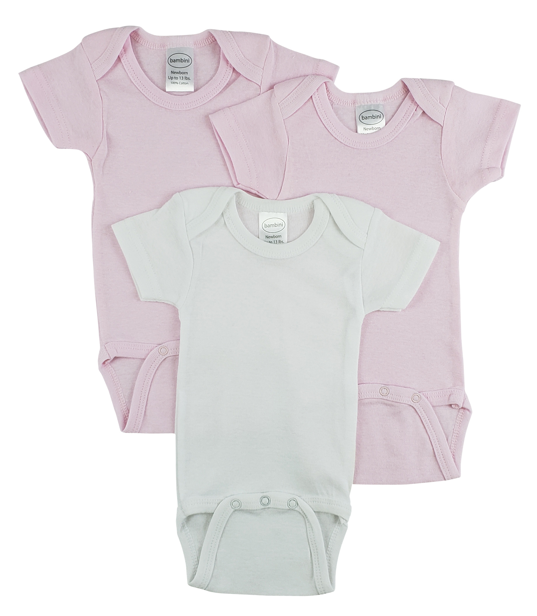 Bambini Short Sleeve One Piece 3 Pack featuring soft cotton fabric, expandable neckline, and front snap closure for easy dressing.