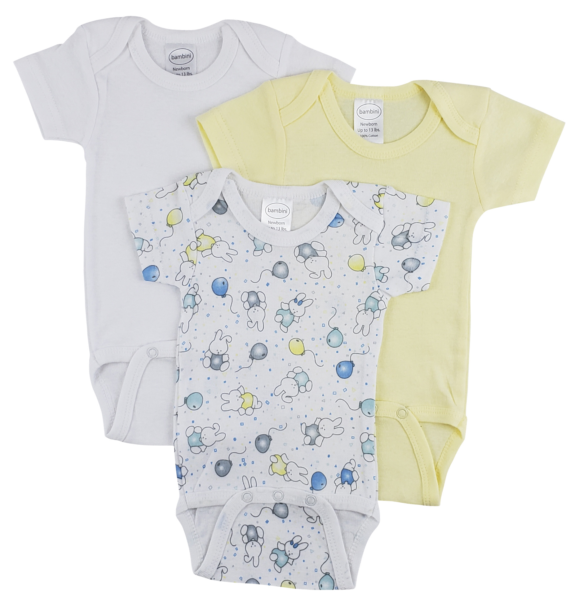 Bambini Short Sleeve One Piece 3 Pack featuring soft cotton fabric, expandable neckline, and front snap closure for easy dressing.