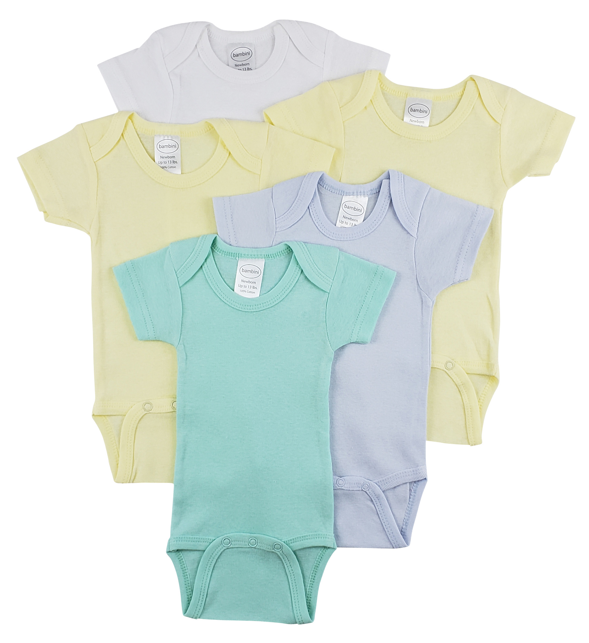 Bambini Short Sleeve One Piece 5 Pack featuring soft white cotton onesies with expandable neckline and front snap closure.