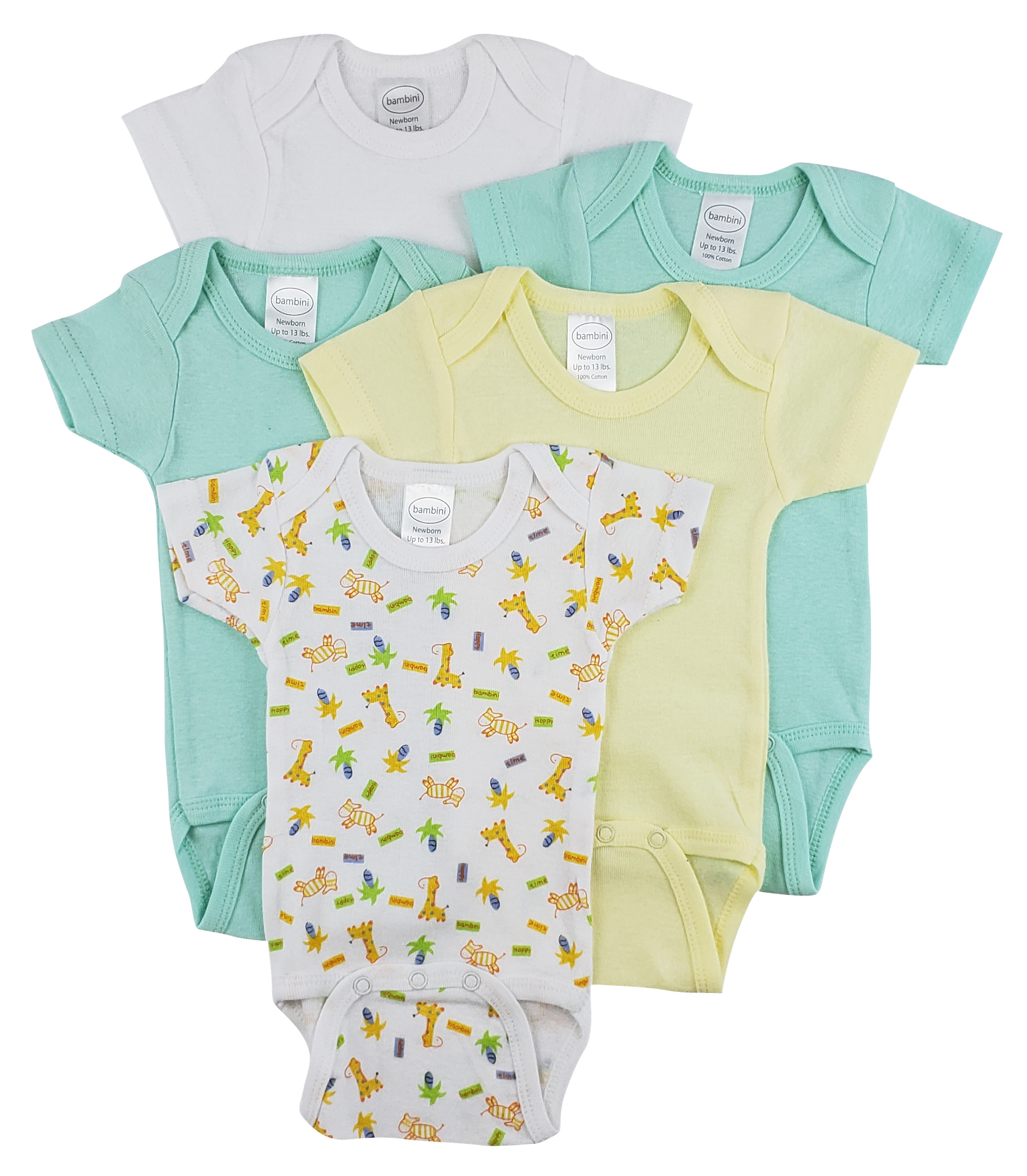 Bambini Short Sleeve One Piece 5 Pack featuring soft cotton fabric, expandable neckline, and convenient snap closure for easy dressing.