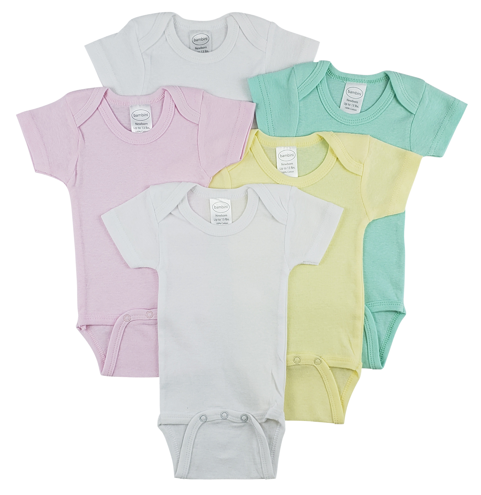 Bambini Short Sleeve One Piece 5 Pack featuring soft cotton fabric, expandable neckline, and convenient snap closure in white.