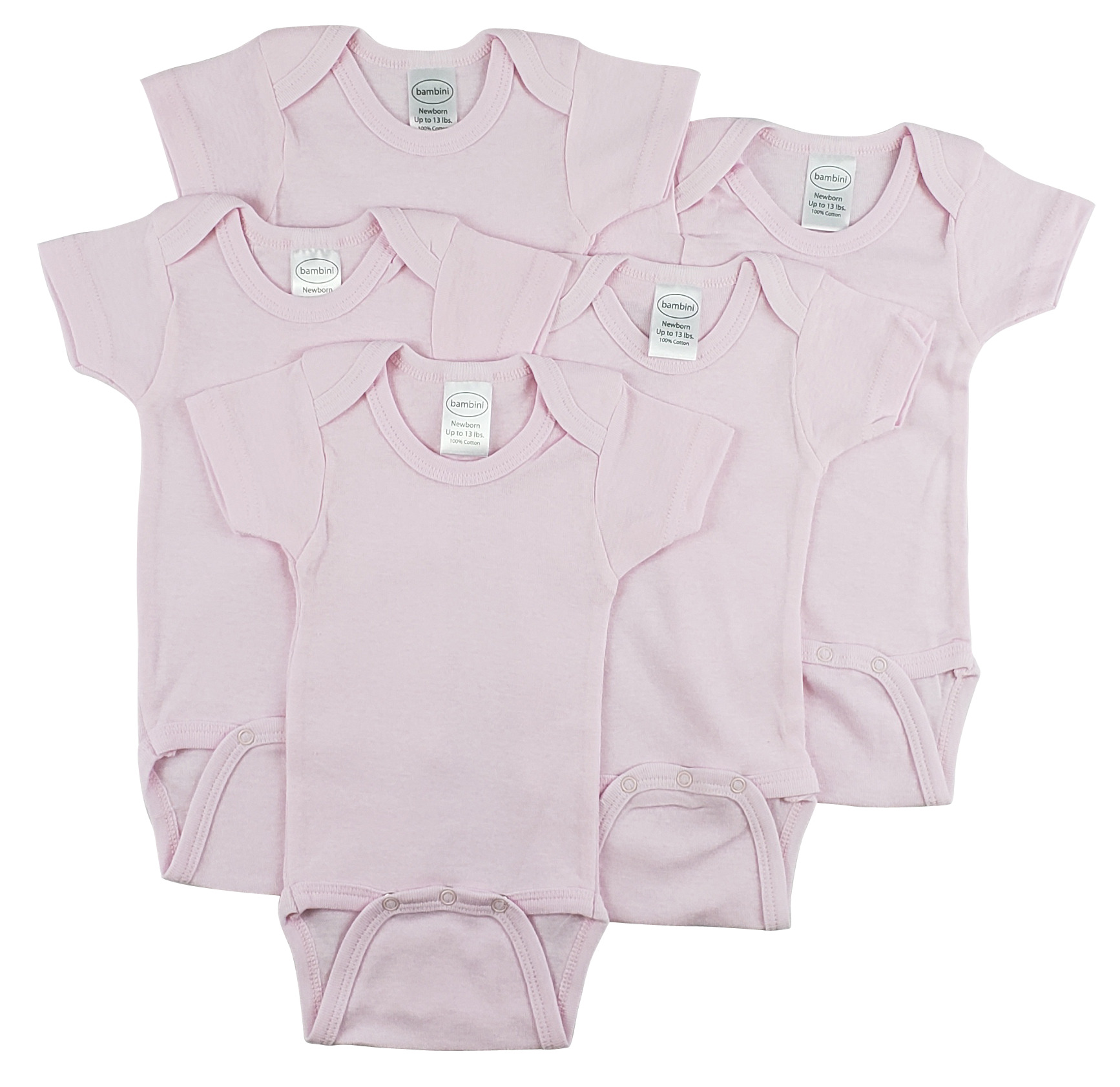 Bambini Short Sleeve One Piece 5 Pack featuring soft cotton fabric, expandable neckline, and front snap closure for easy dressing.