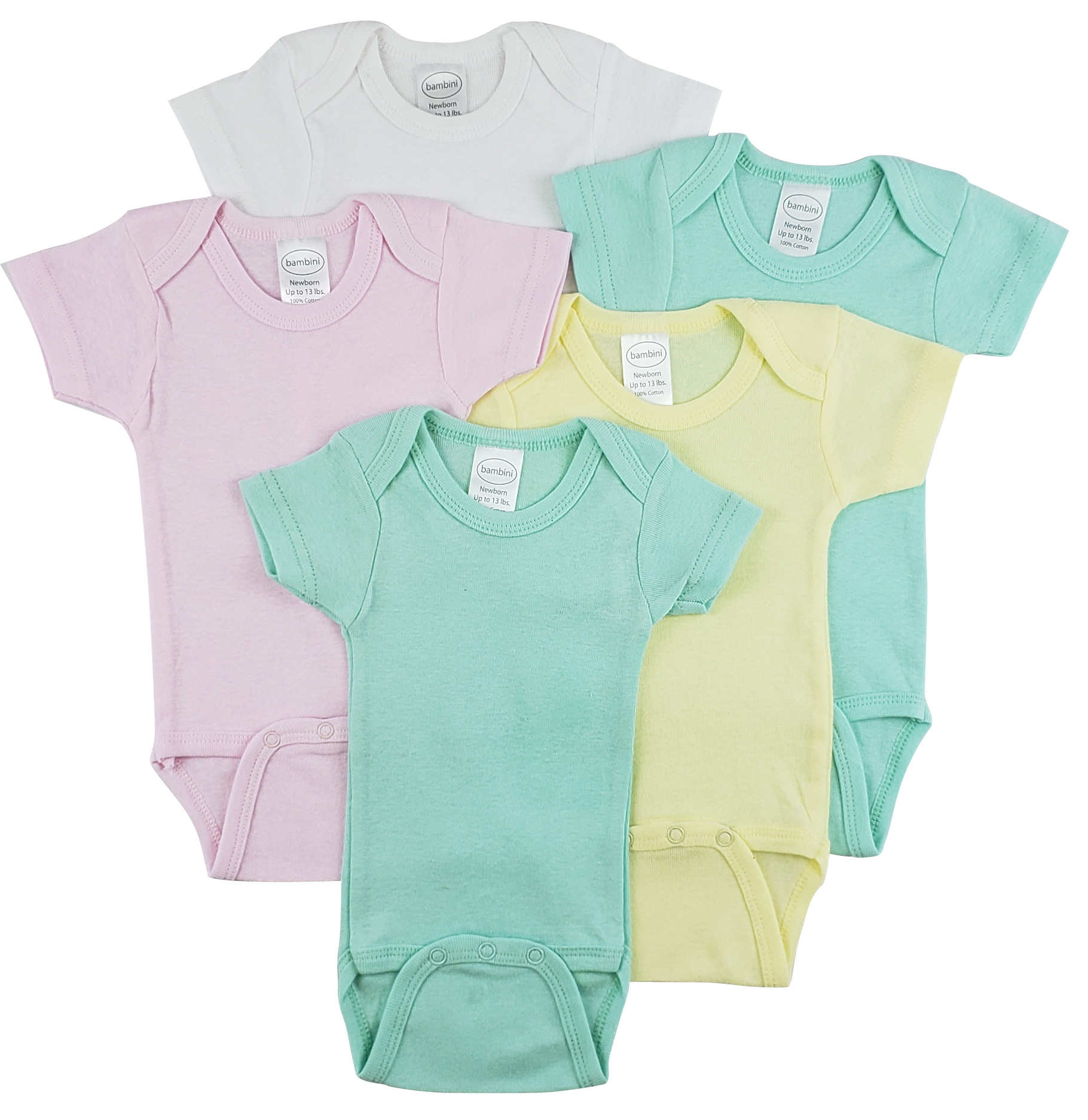 Bambini Short Sleeve One Piece 5 Pack featuring soft cotton fabric, expandable neckline, and front snap closure for easy dressing.