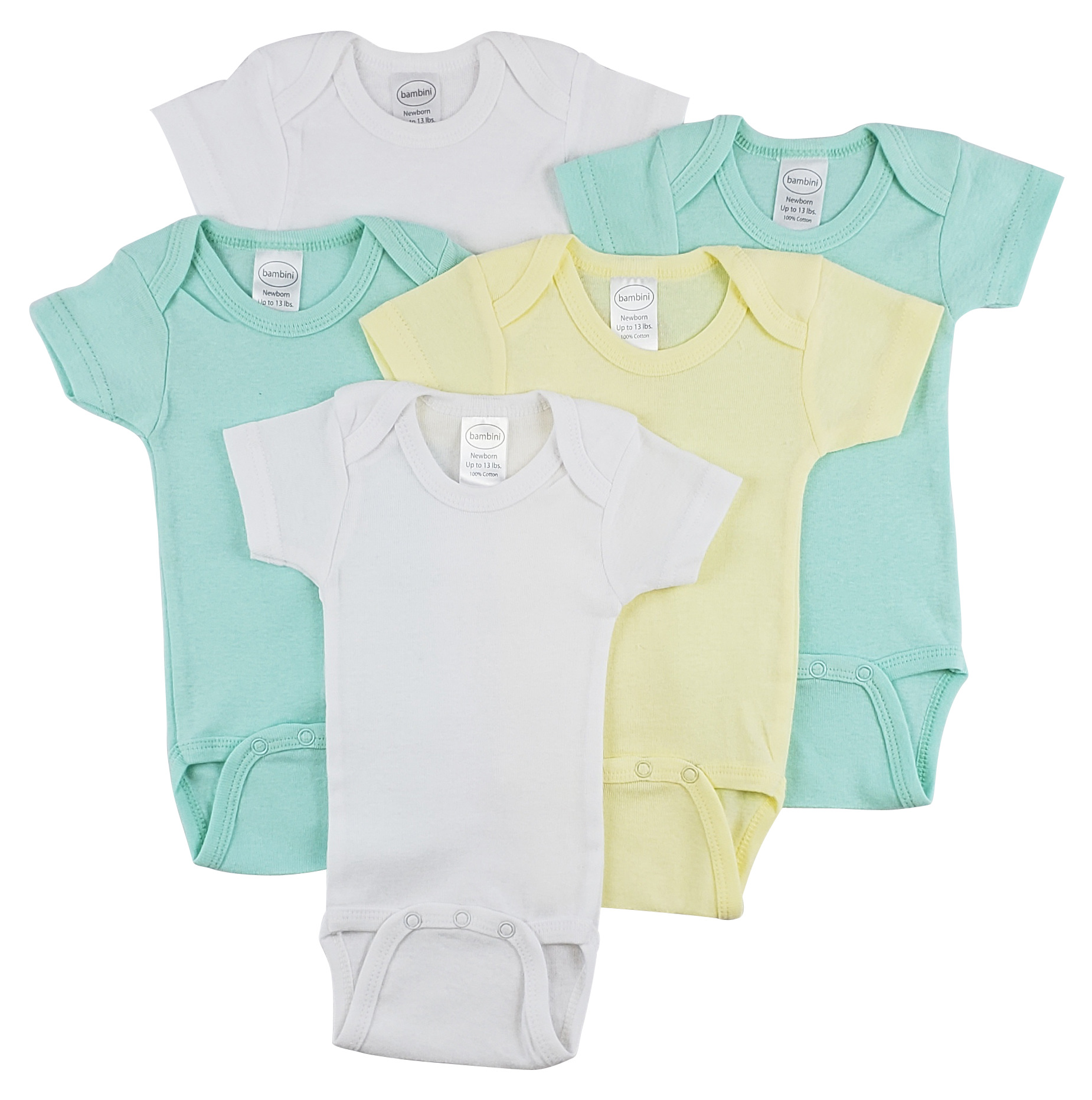 Bambini Short Sleeve One Piece 5 Pack featuring soft cotton fabric, expandable neckline, and front snap closure for easy dressing.